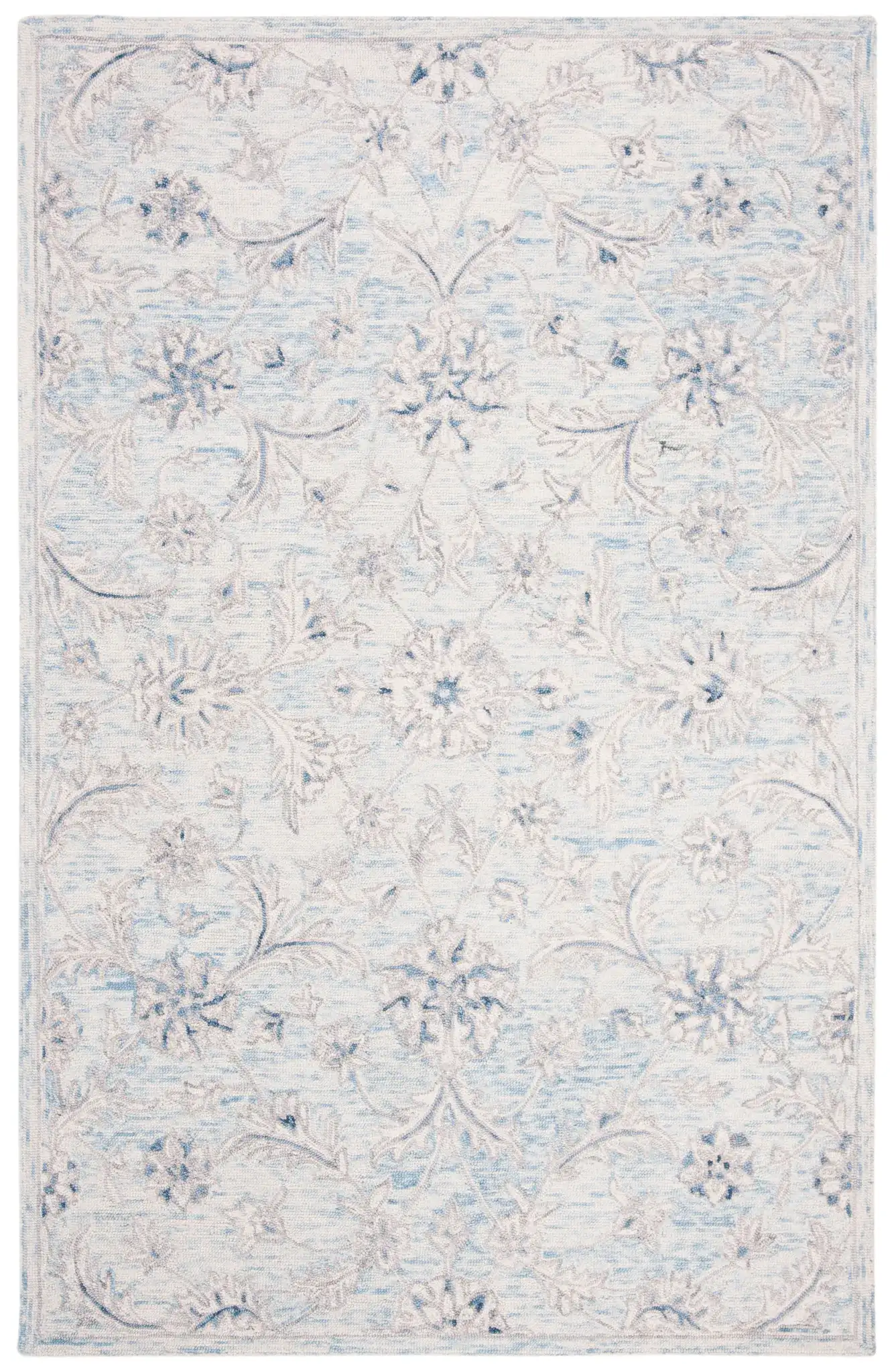 Micro-Loop Micro Loop Scrolling Floral Hand-Tufted Wool Rug in Light Blue / Ivory