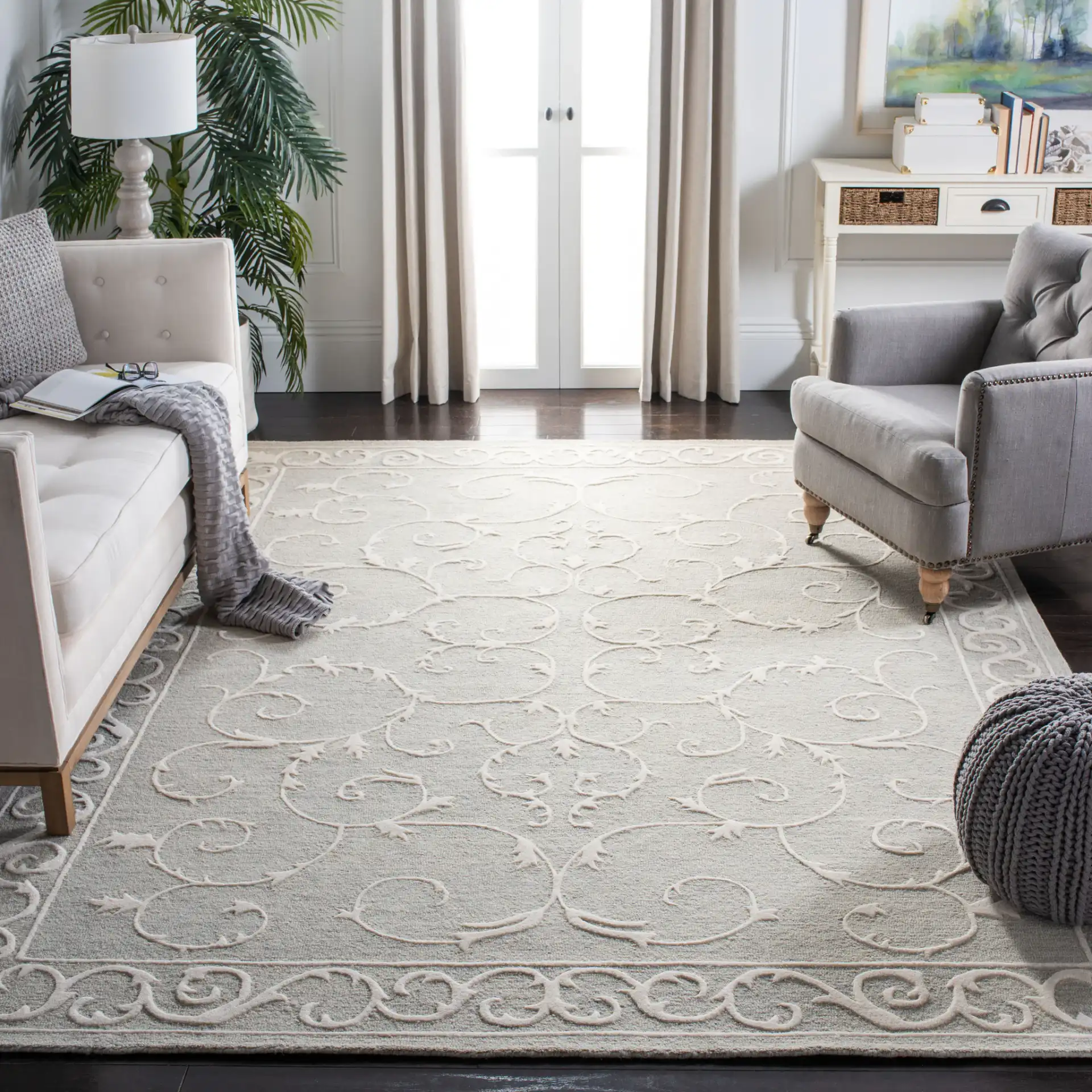 Micro-Loop Scrolling Vine Hand-Tufted Wool Rug in Light Gray / Ivory in a styled room