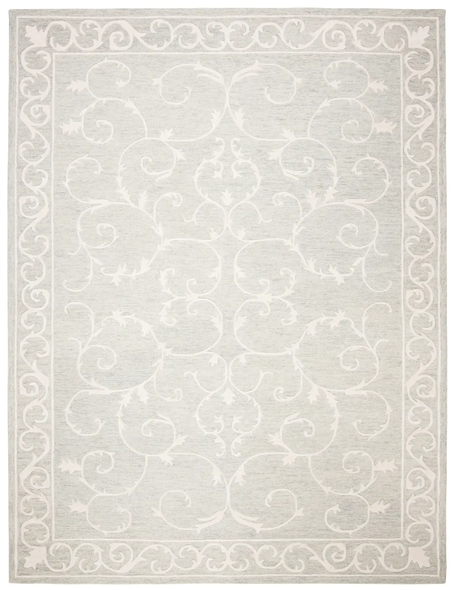 Micro-Loop Scrolling Vine Hand-Tufted Wool Rug in Light Gray / Ivory