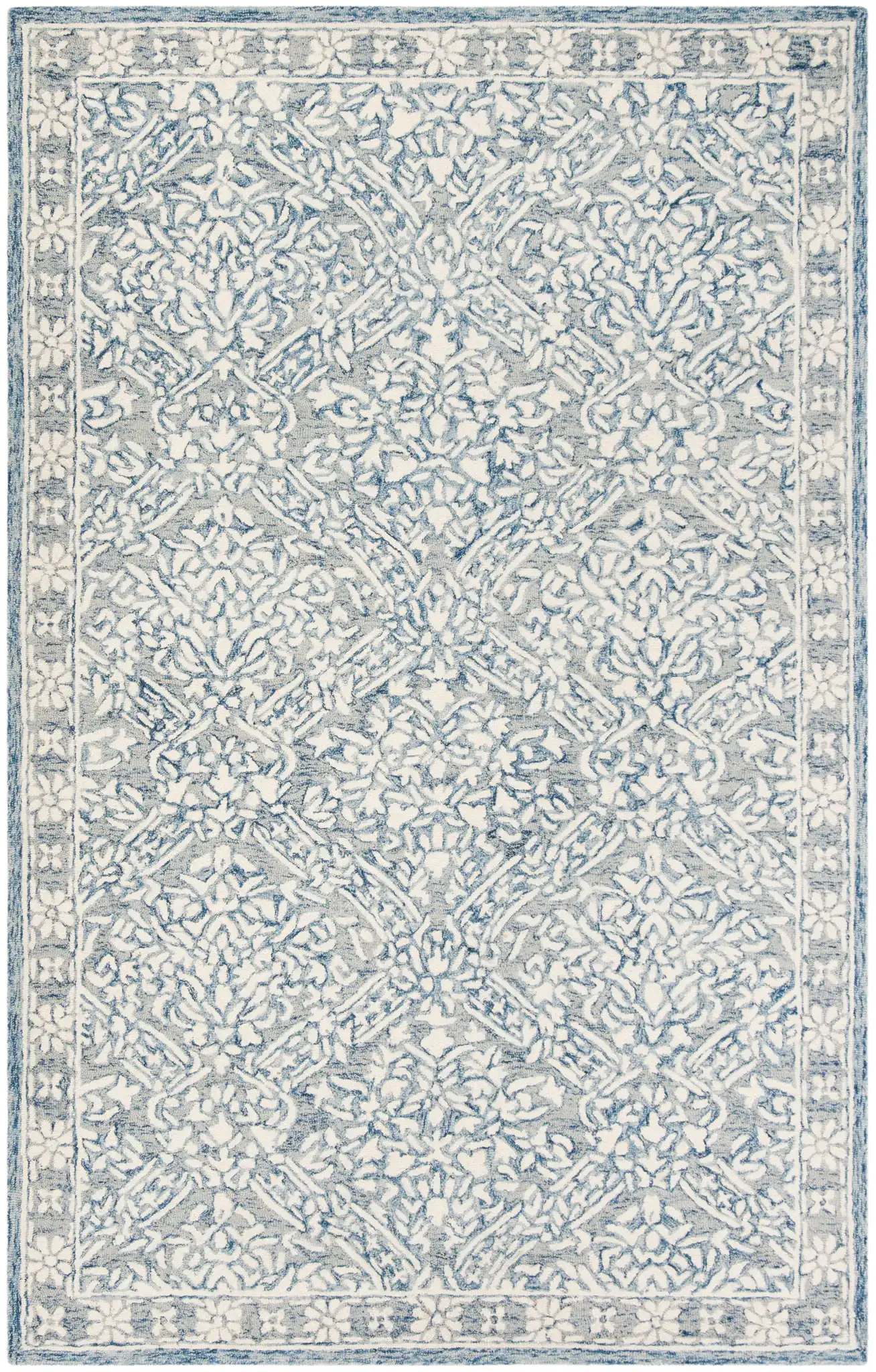 Micro-Loop Damask Trellis Hand-Tufted Wool Rug in Blue / Ivory