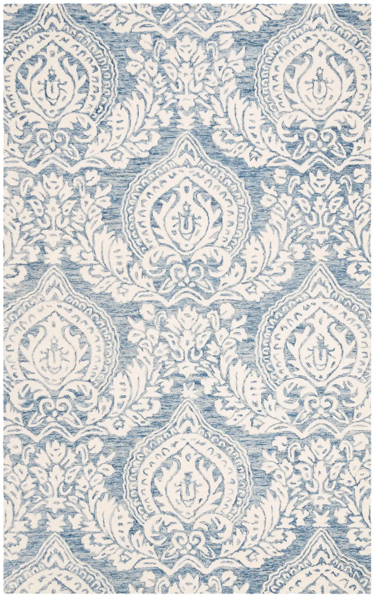 Micro-Loop Paisley Damask Hand-Tufted Wool Rug in Blue / Ivory
