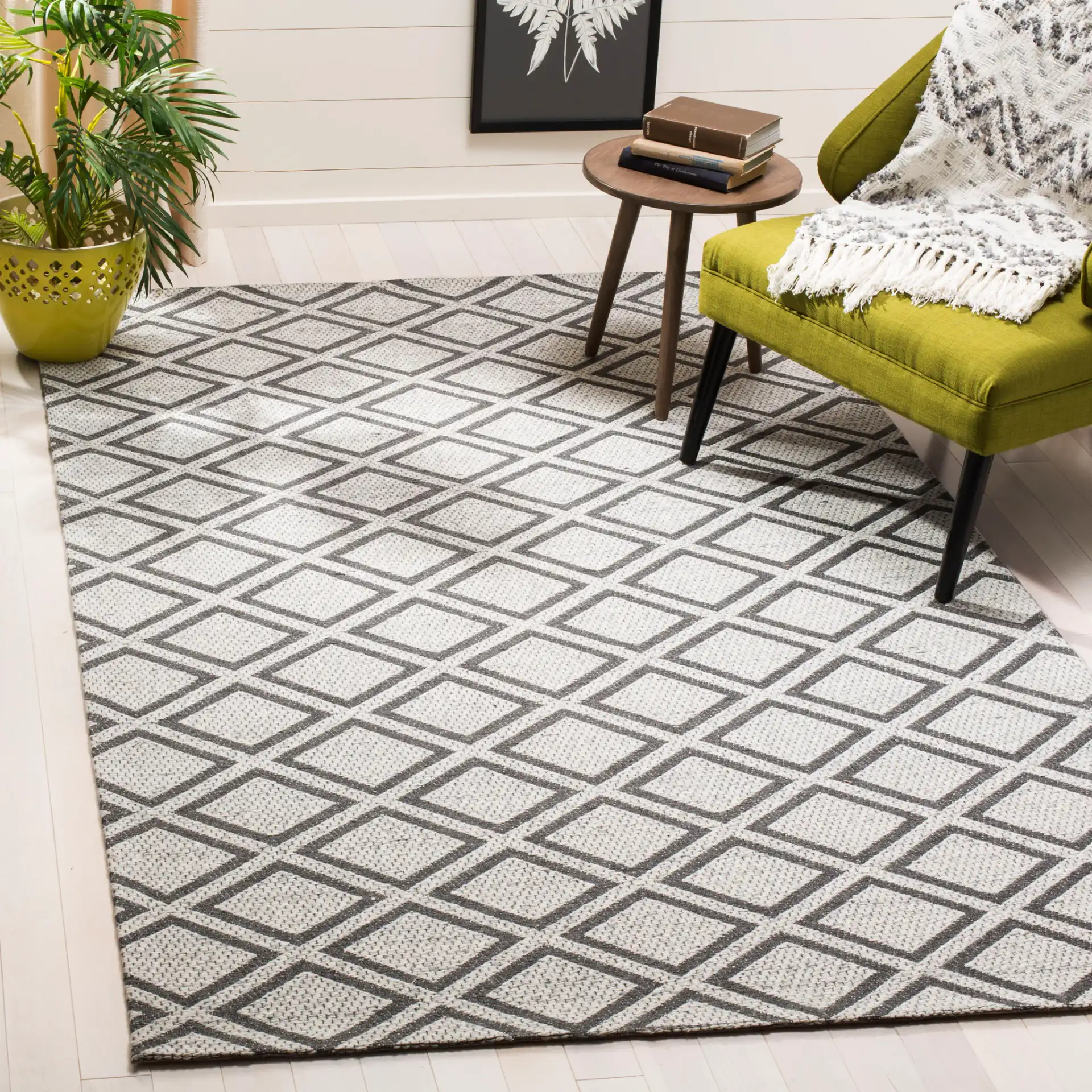 Micro-Loop Diamond Tile Hand-Tufted Wool Rug in Silver / Dark Gray in a styled room