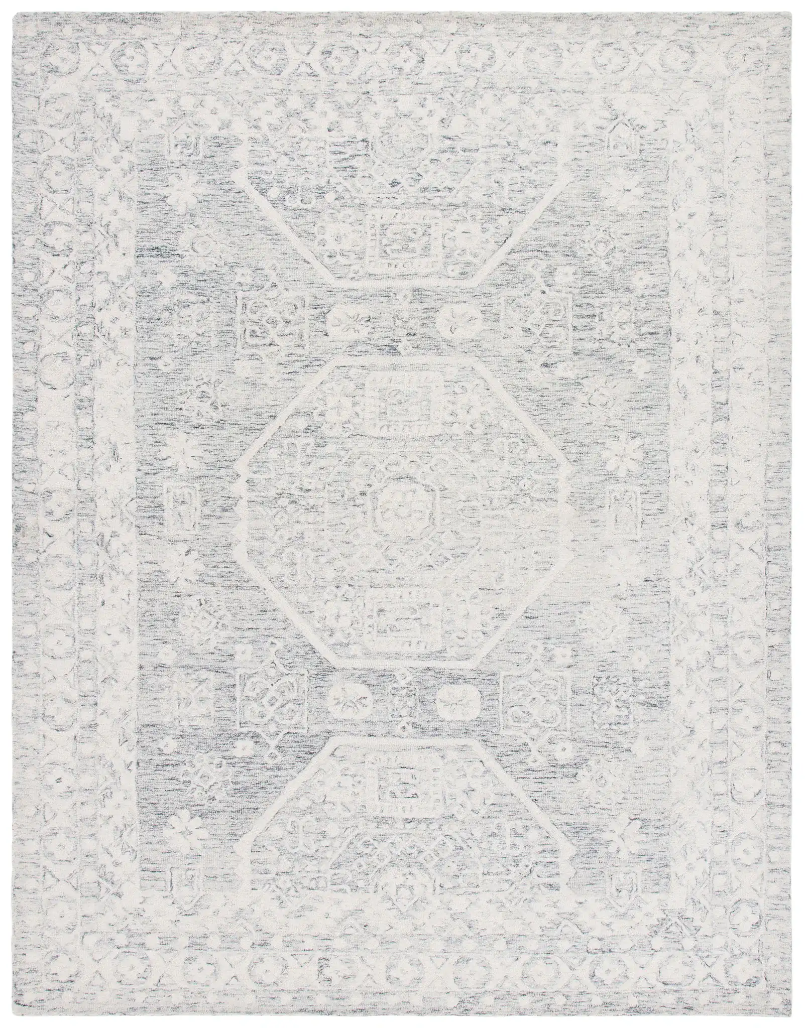 Micro-Loop Medallion Border Hand-Tufted Wool Rug in Charcoal / Ivory