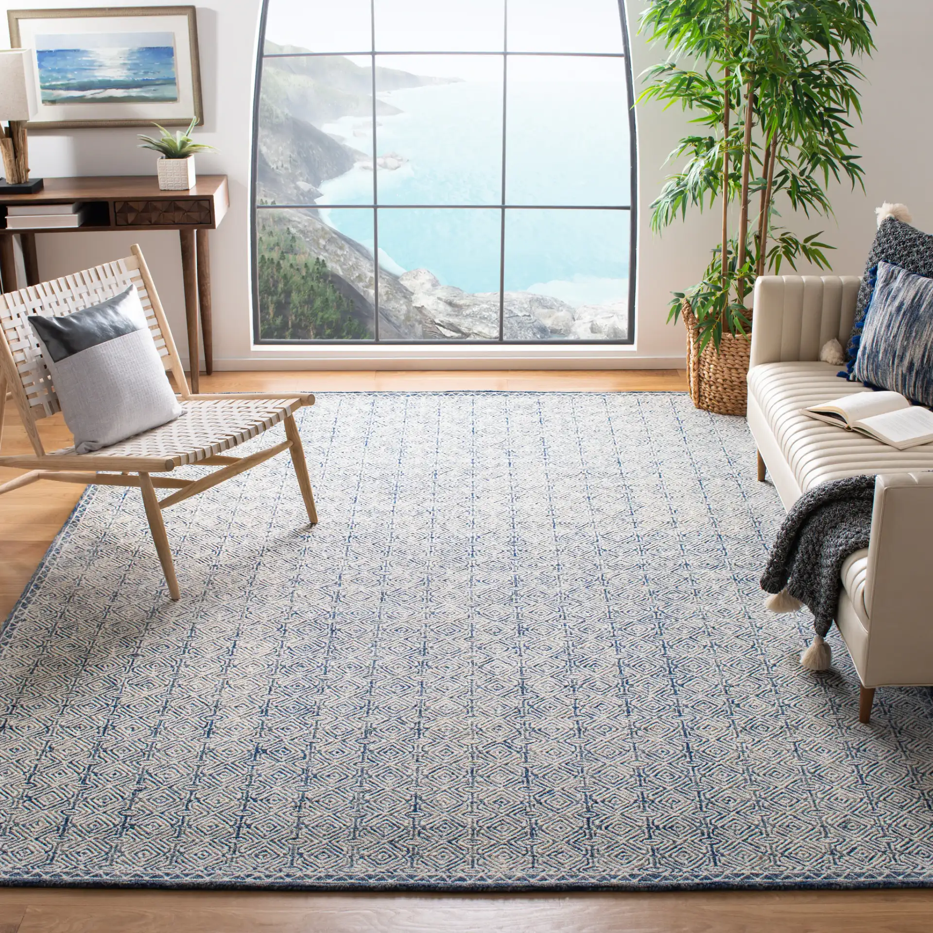 Micro-Loop Diamond Hand-Tufted Wool Rug in Navy / Ivory in a styled room