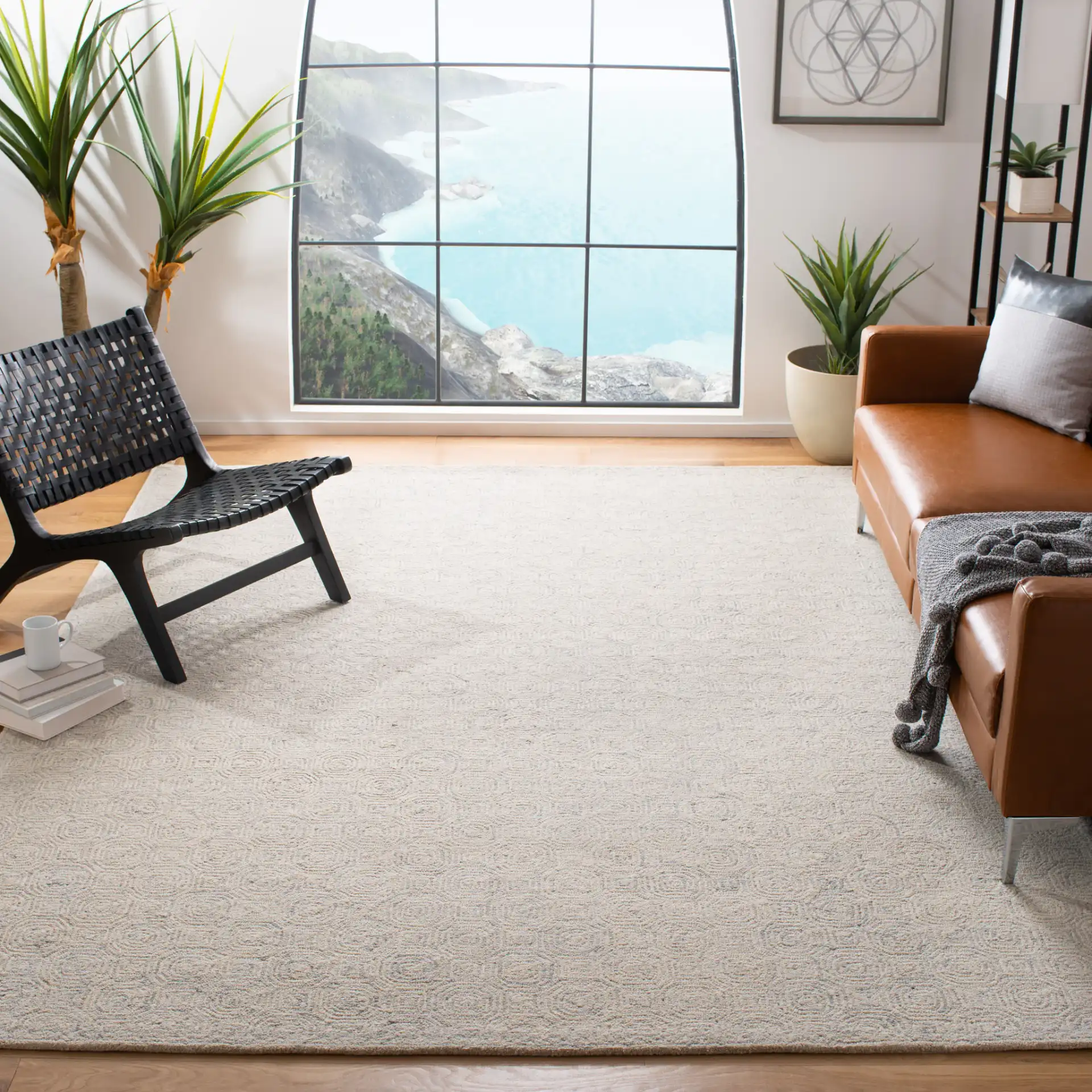 Micro-Loop Concentric Square Hand-Tufted Wool Rug in Silver / Gray in a styled room