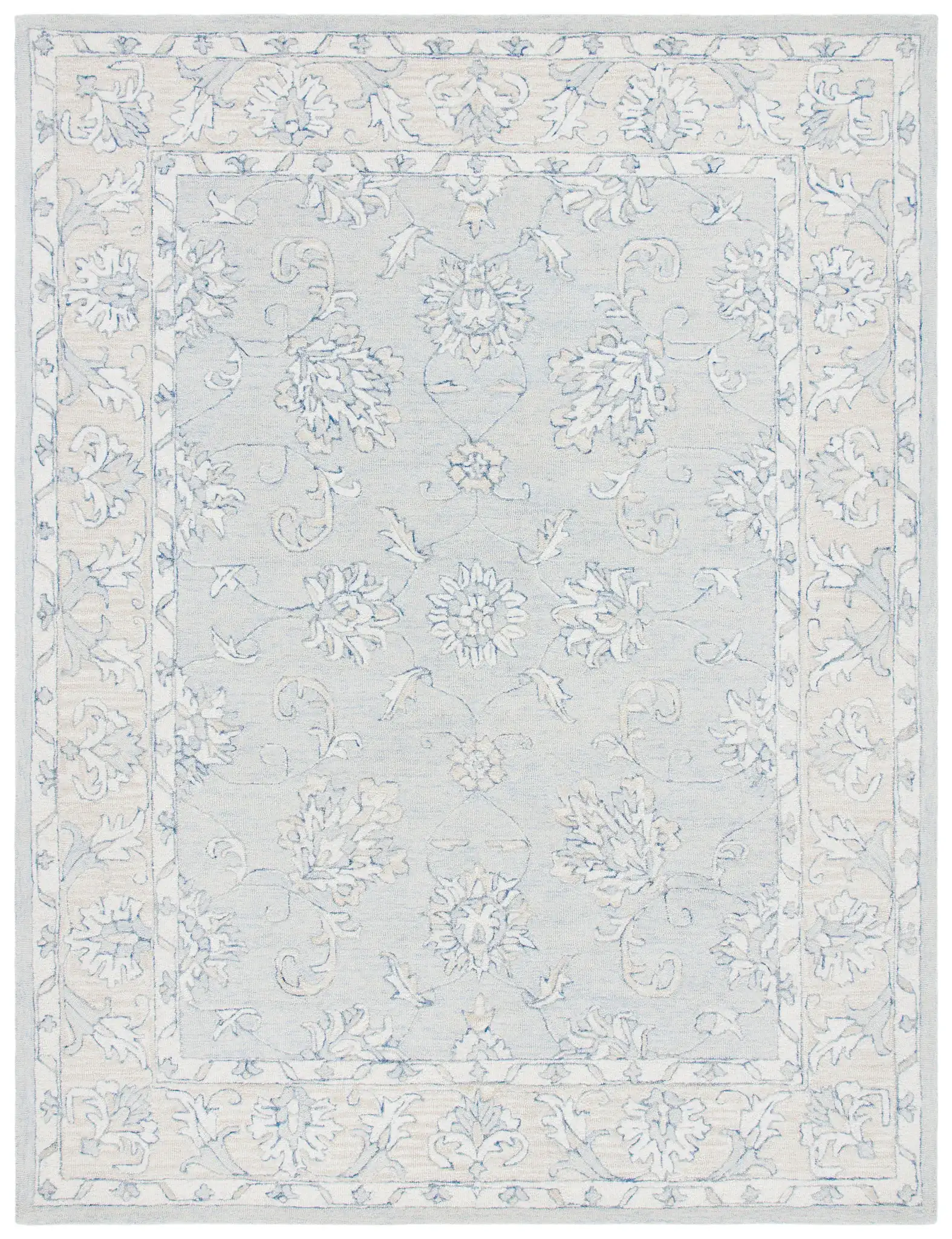 Micro-Loop Floral Border Hand-Tufted Wool Rug in Blue / Beige