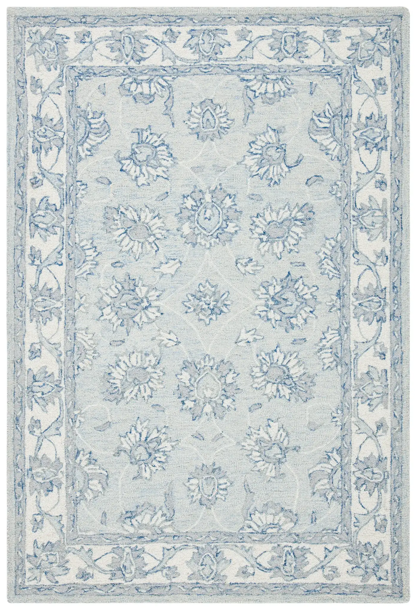 Micro-Loop Floral Border Hand-Tufted Wool Rug in Light Blue / Ivory