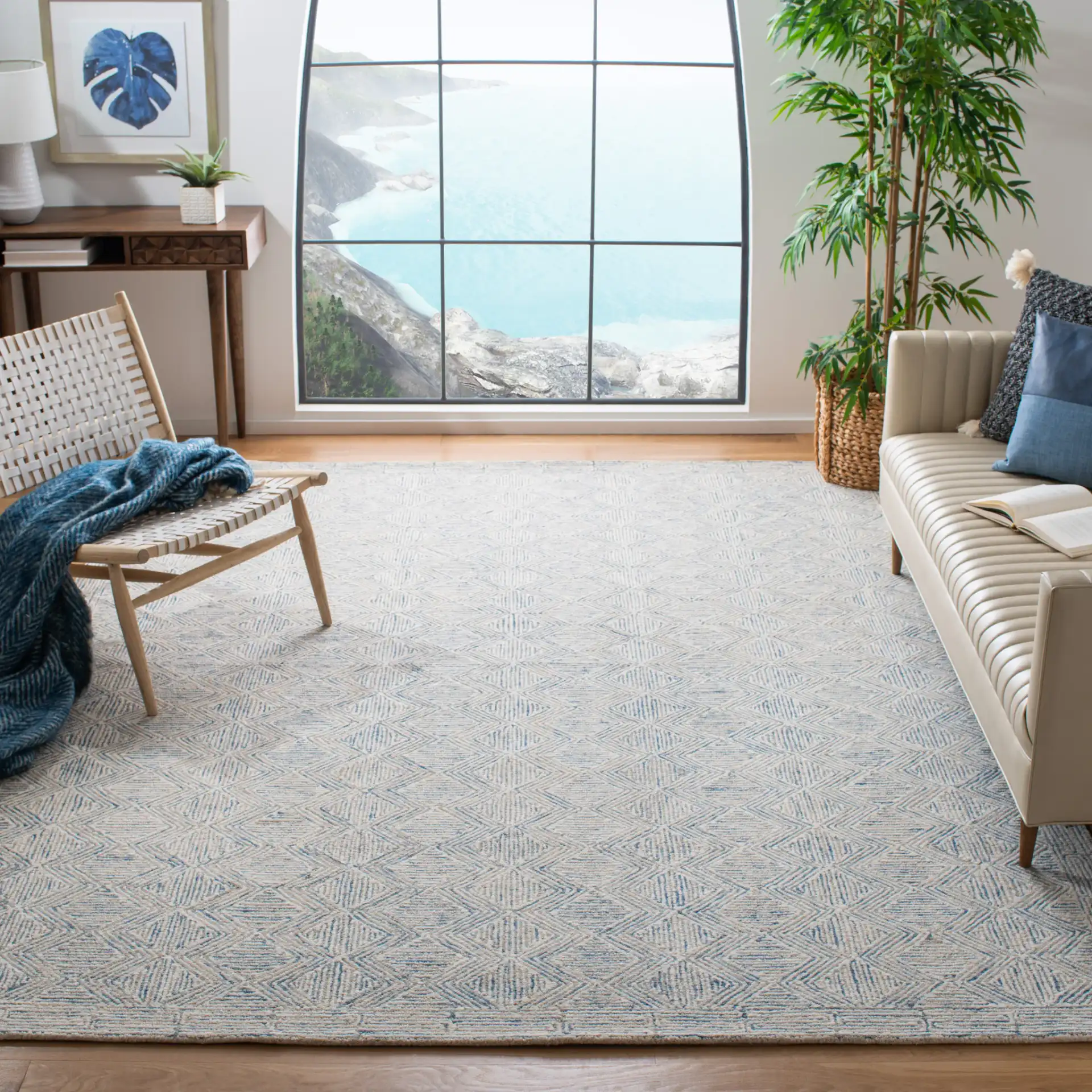 Micro-Loop Diamond Maze Hand-Tufted Wool Rug in Blue / Ivory in a styled room