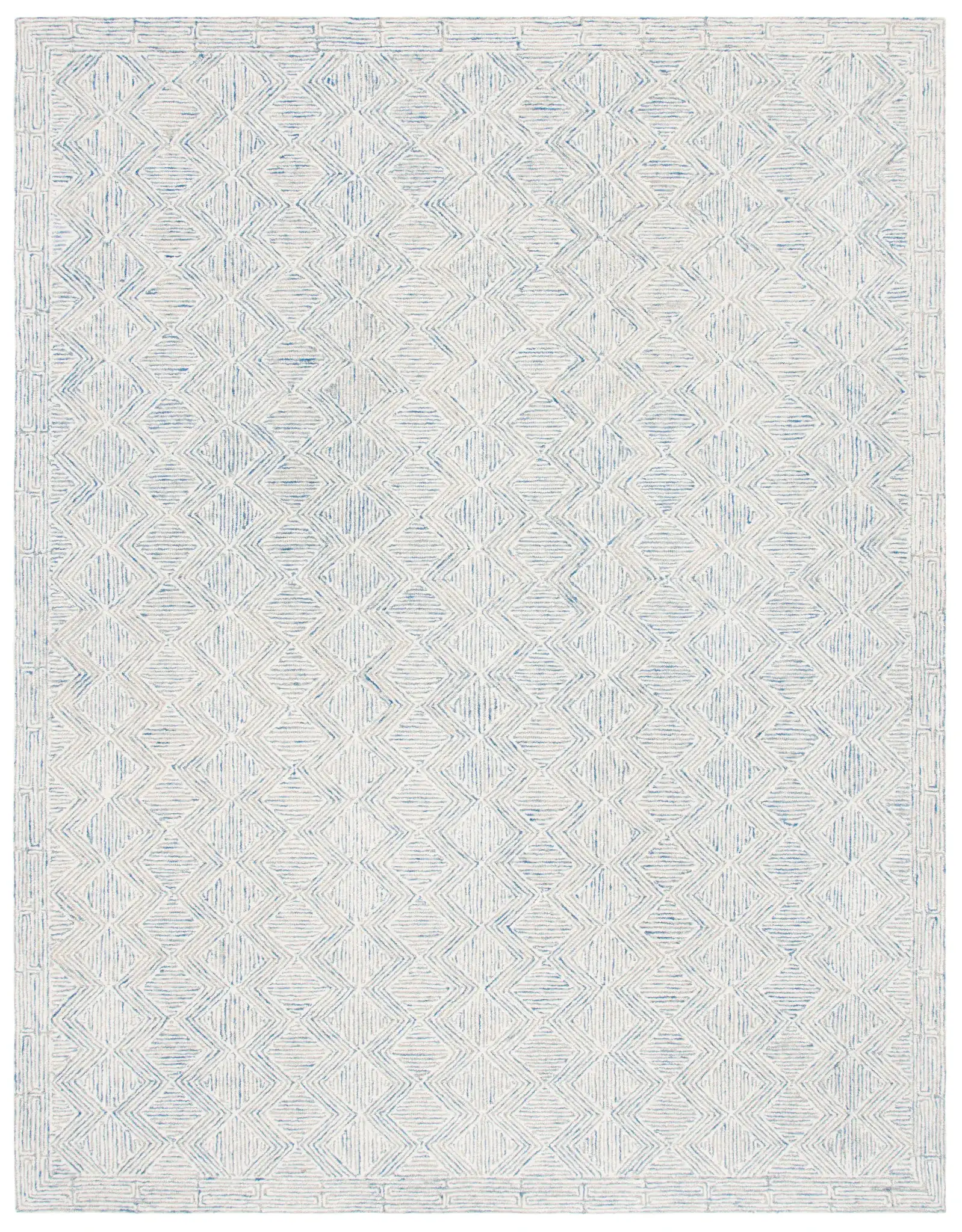 Micro-Loop Diamond Maze Hand-Tufted Wool Rug in Blue / Ivory