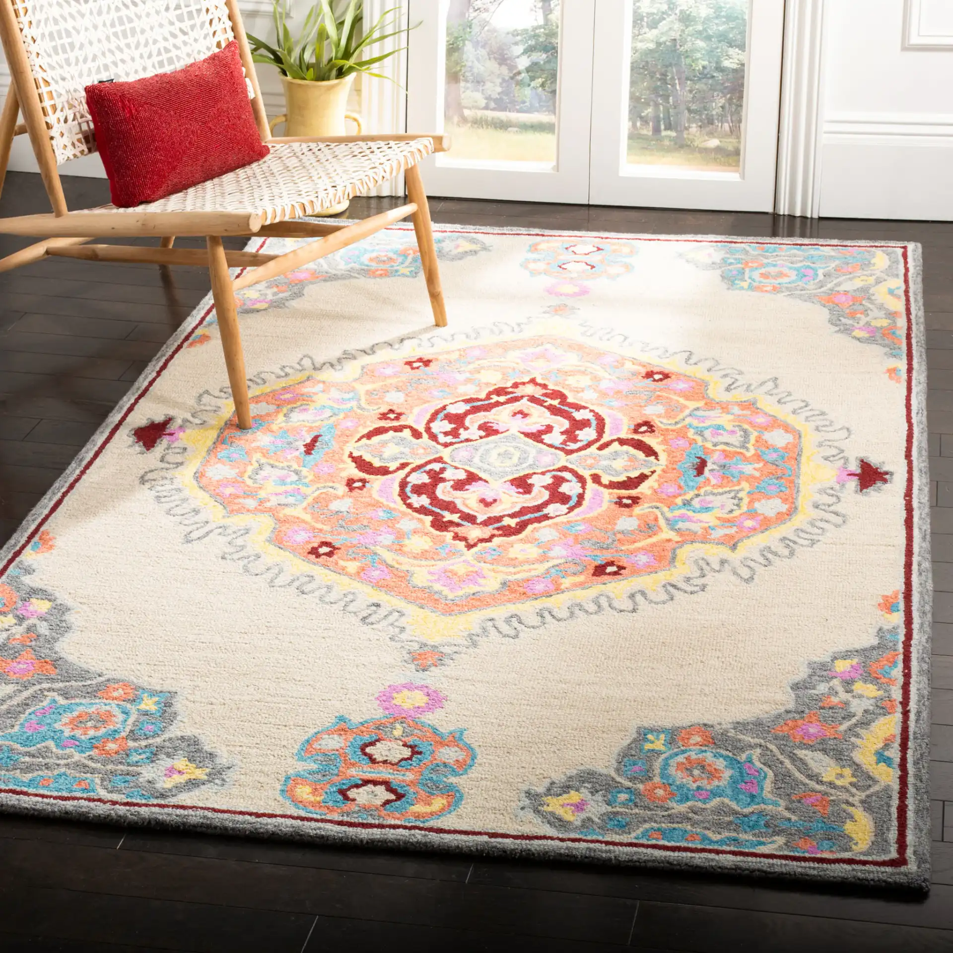 Micro-Loop Hexagon Medallion Hand-Tufted Wool Rug in Beige / Orange in a styled room