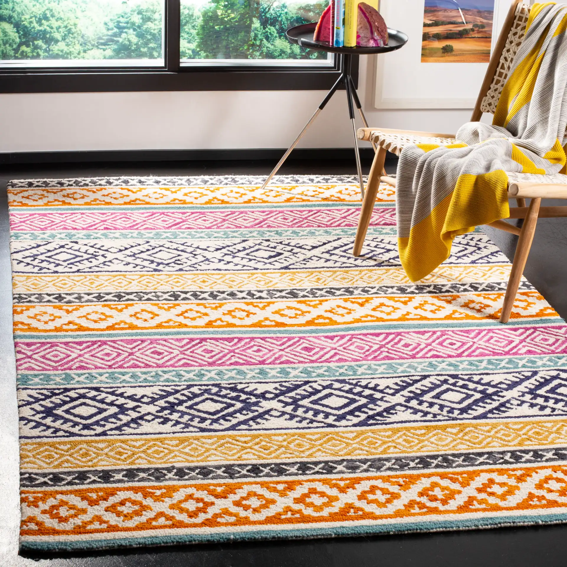 Micro-Loop Striped Tribal Hand-Tufted Wool Rug in Ivory / Rust in a styled room