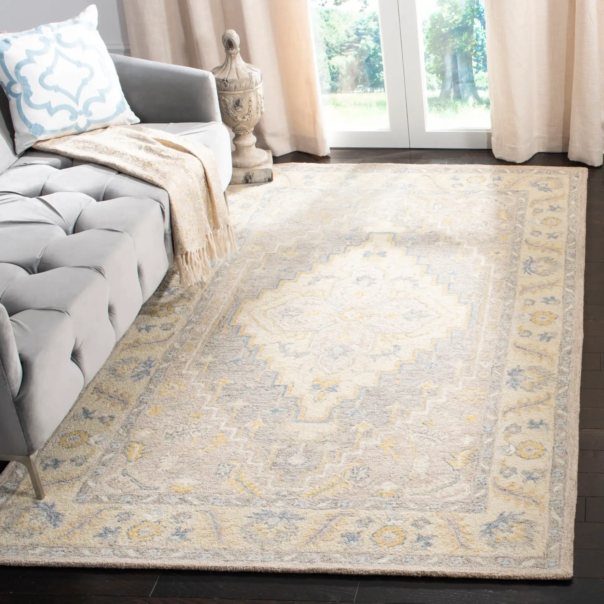 Micro-Loop Stepped Medallion Hand-Tufted Wool Rug in Beige / Gray in a styled room