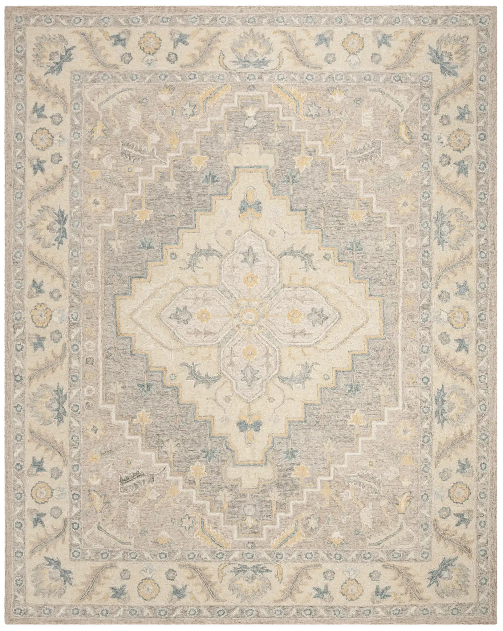 Micro-Loop Stepped Medallion Hand-Tufted Wool Rug in Beige / Gray