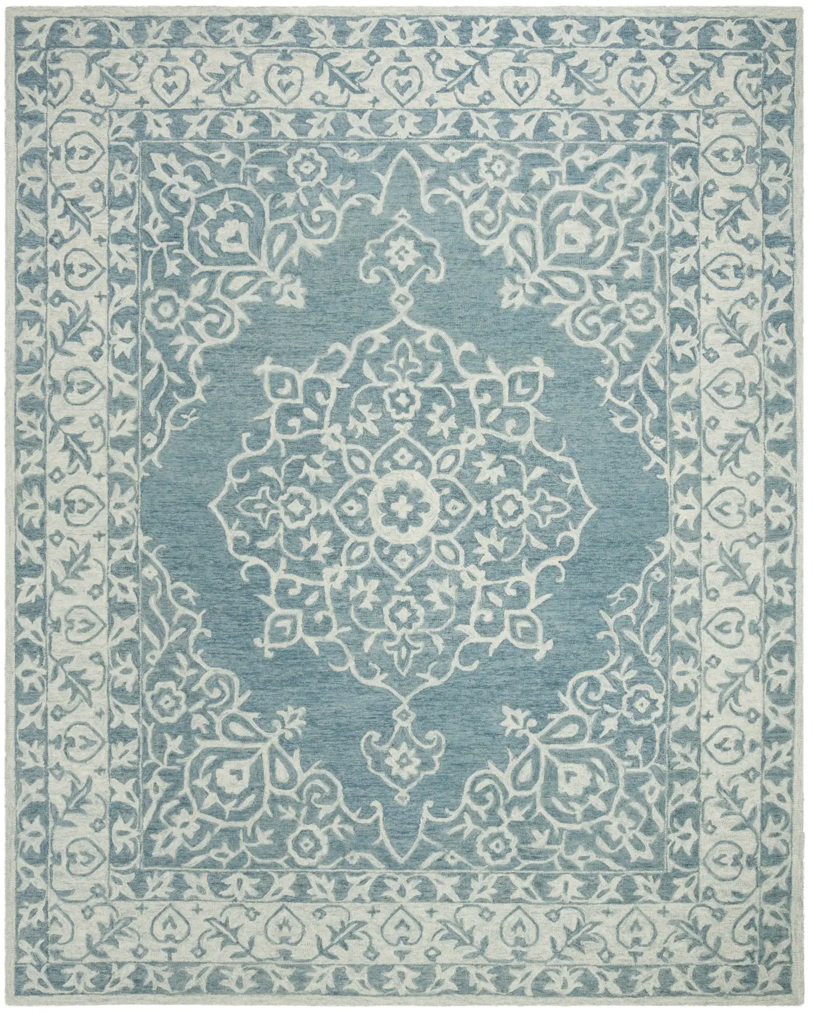 Micro-Loop Traditional Medallion Hand-Tufted Wool Rug in Blue / Light Blue