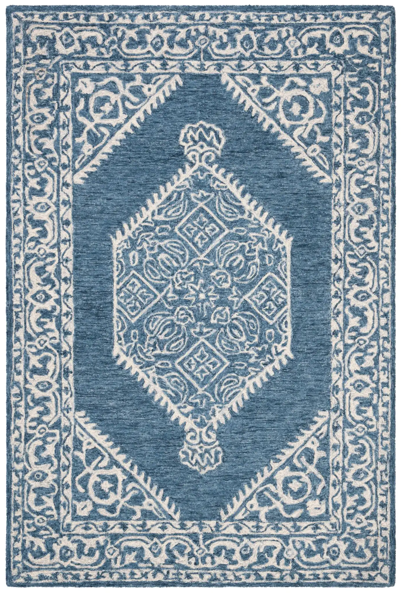 Micro-Loop Diamond Medallion Border Hand-Tufted Wool Rug in Blue / Ivory