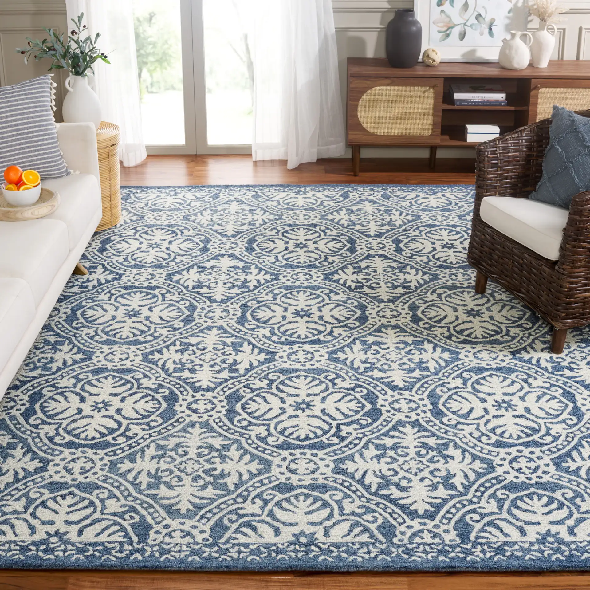 Micro-Loop Floral Tile Hand-Tufted Wool Rug in Blue / Ivory in a styled room