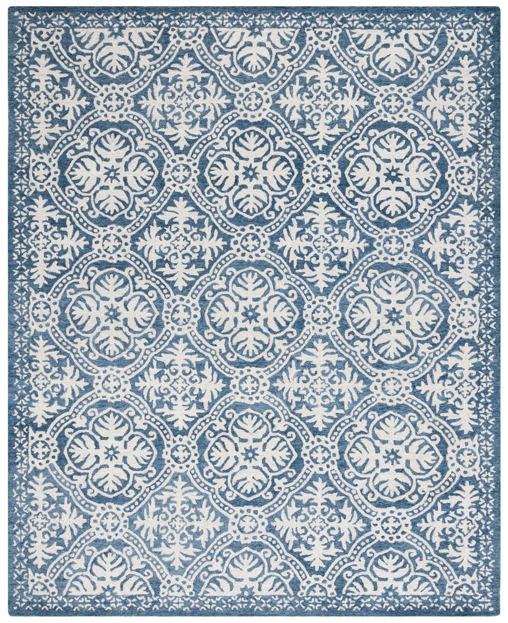 Micro-Loop Floral Tile Hand-Tufted Wool Rug in Blue / Ivory