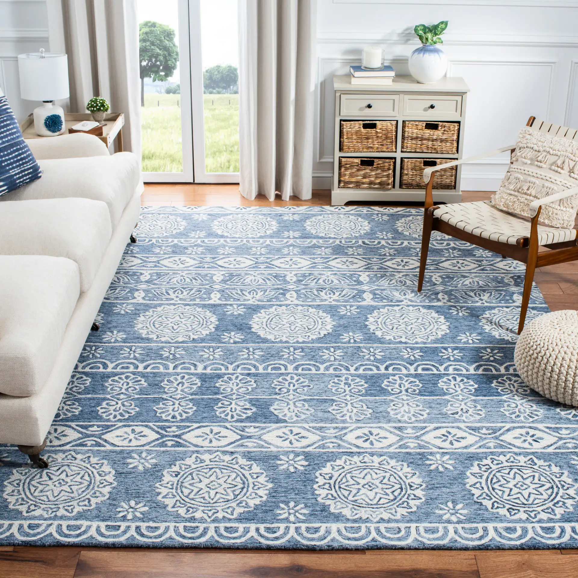 Micro-Loop Banded Medallion Hand-Tufted Wool Rug in Blue / Ivory in a styled room