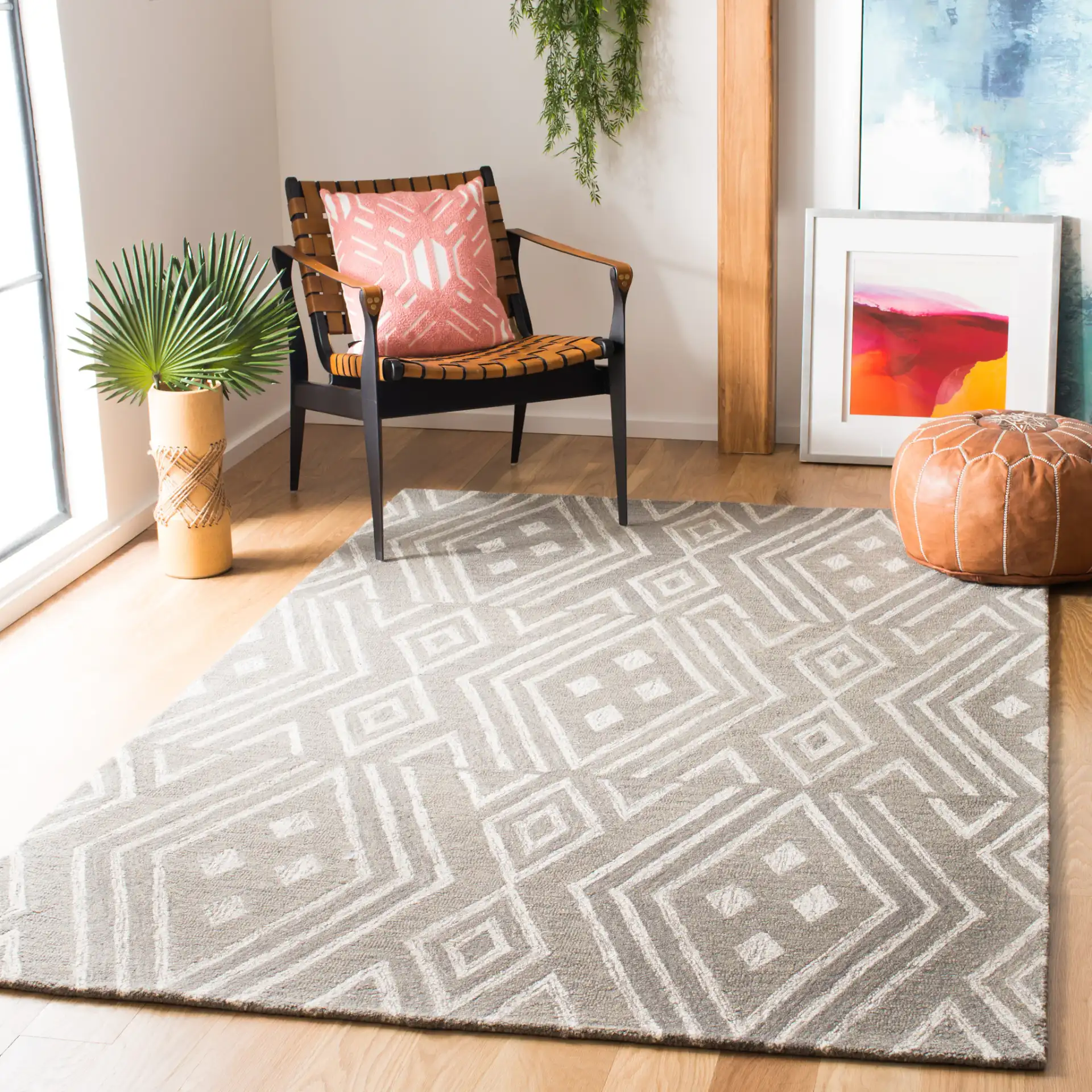 Micro-Loop Nested Diamond Hand-Tufted Wool Rug in Gray / Ivory in a styled room
