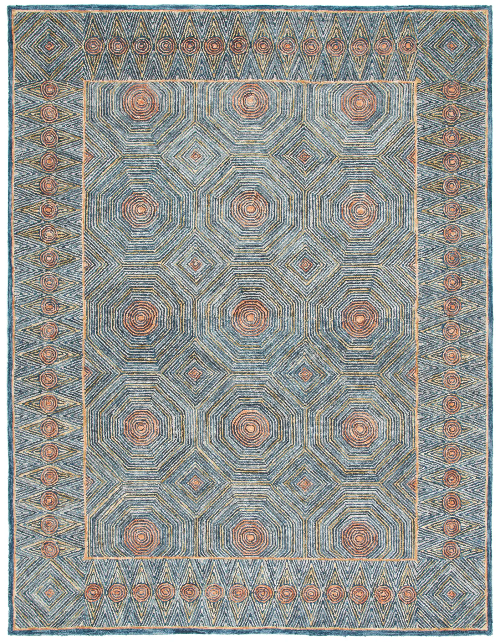 Micro-Loop Concentric Geometric Hand-Tufted Wool Rug in Green / Blue