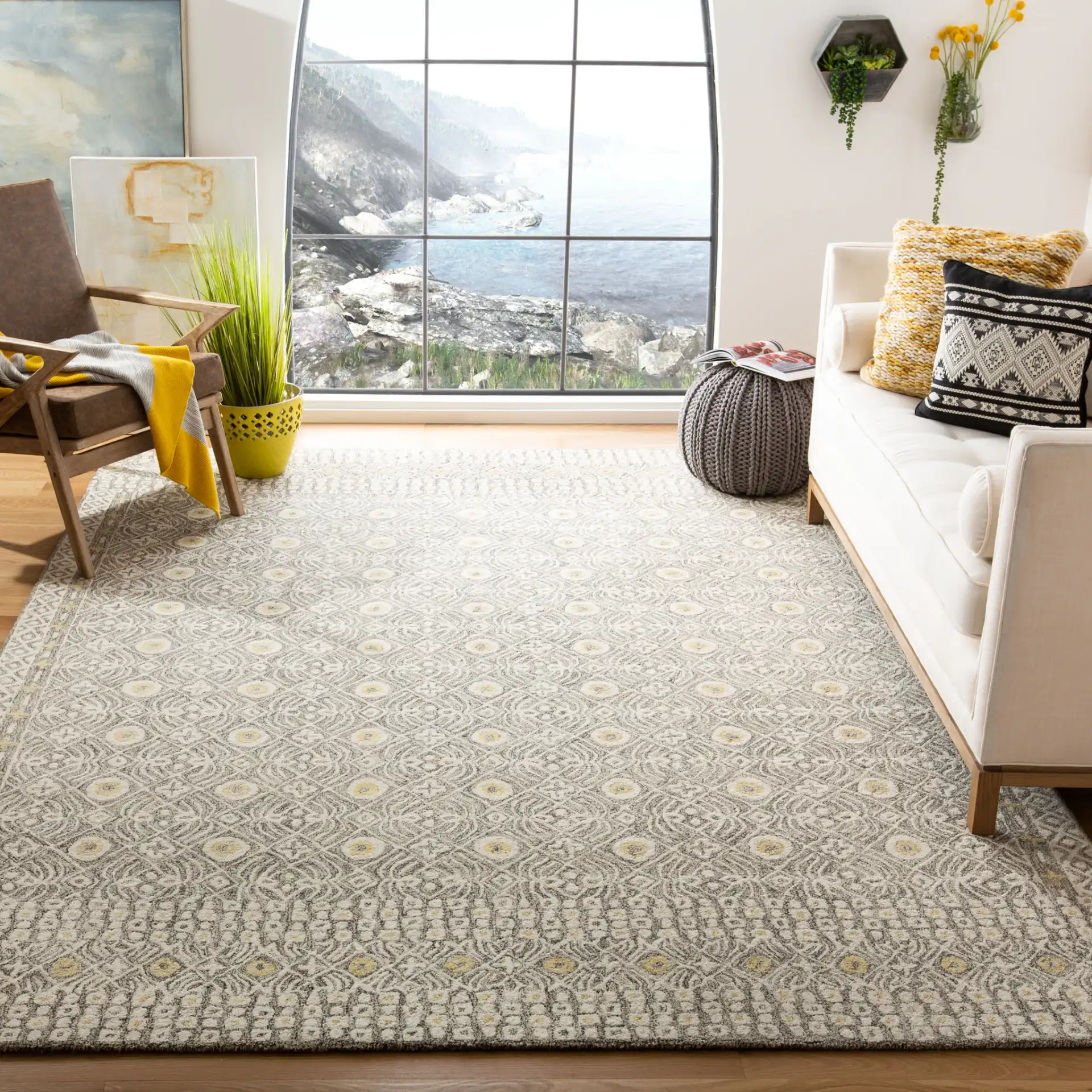 Micro-Loop Mosaic Hand-Tufted Wool Rug in Charcoal / Ivory in a styled room