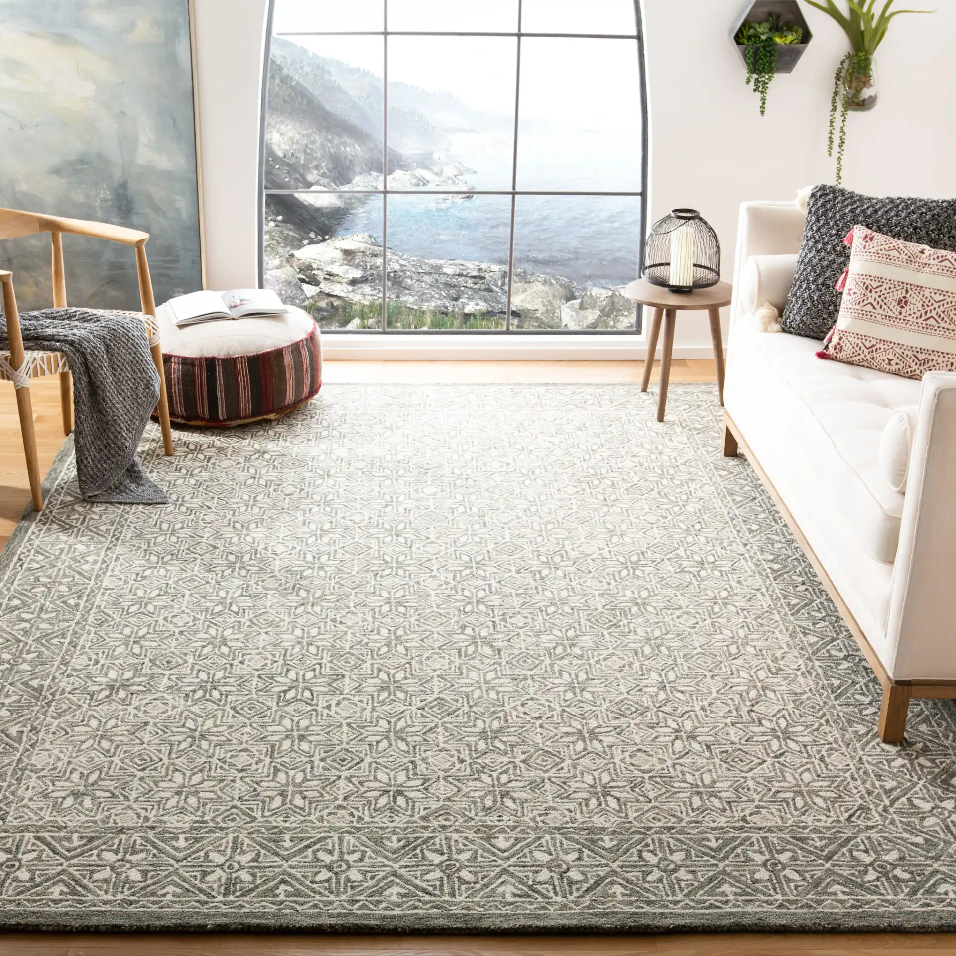 Micro-Loop Geometric Lattice Hand-Tufted Wool Rug in Blue / Ivory