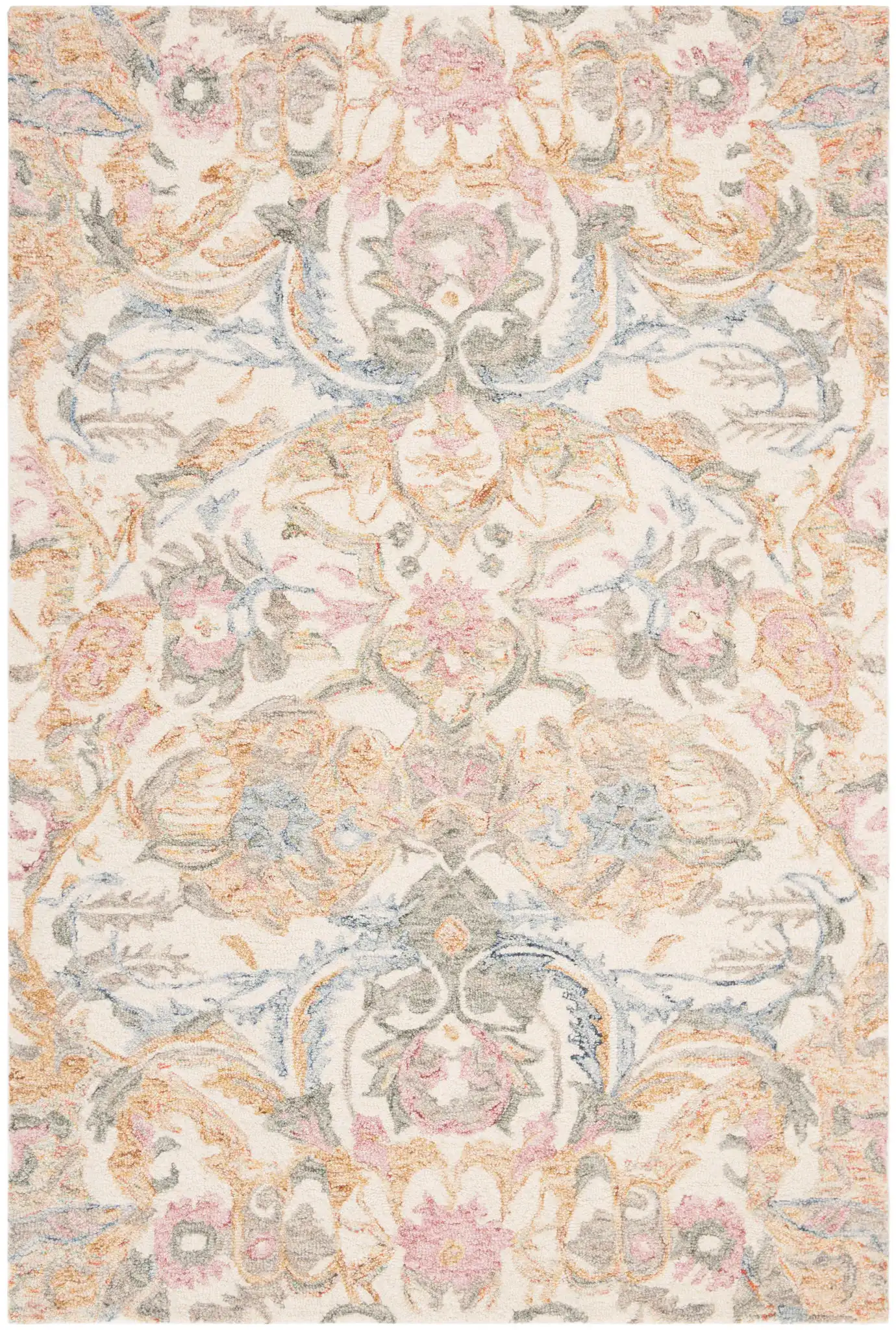 Micro-Loop Botanical Border Hand-Tufted Wool Rug in Ivory / Blue