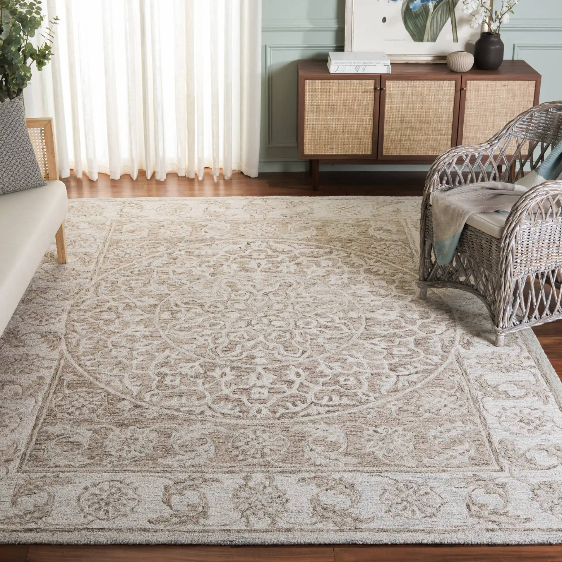 Micro-Loop Circular Medallion Hand-Tufted Wool Rug in Brown / Light Blue in a styled room