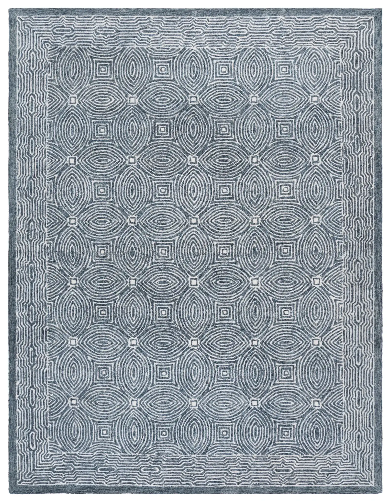 Micro-Loop Concentric Oval Hand-Tufted Wool Rug in Navy / Ivory