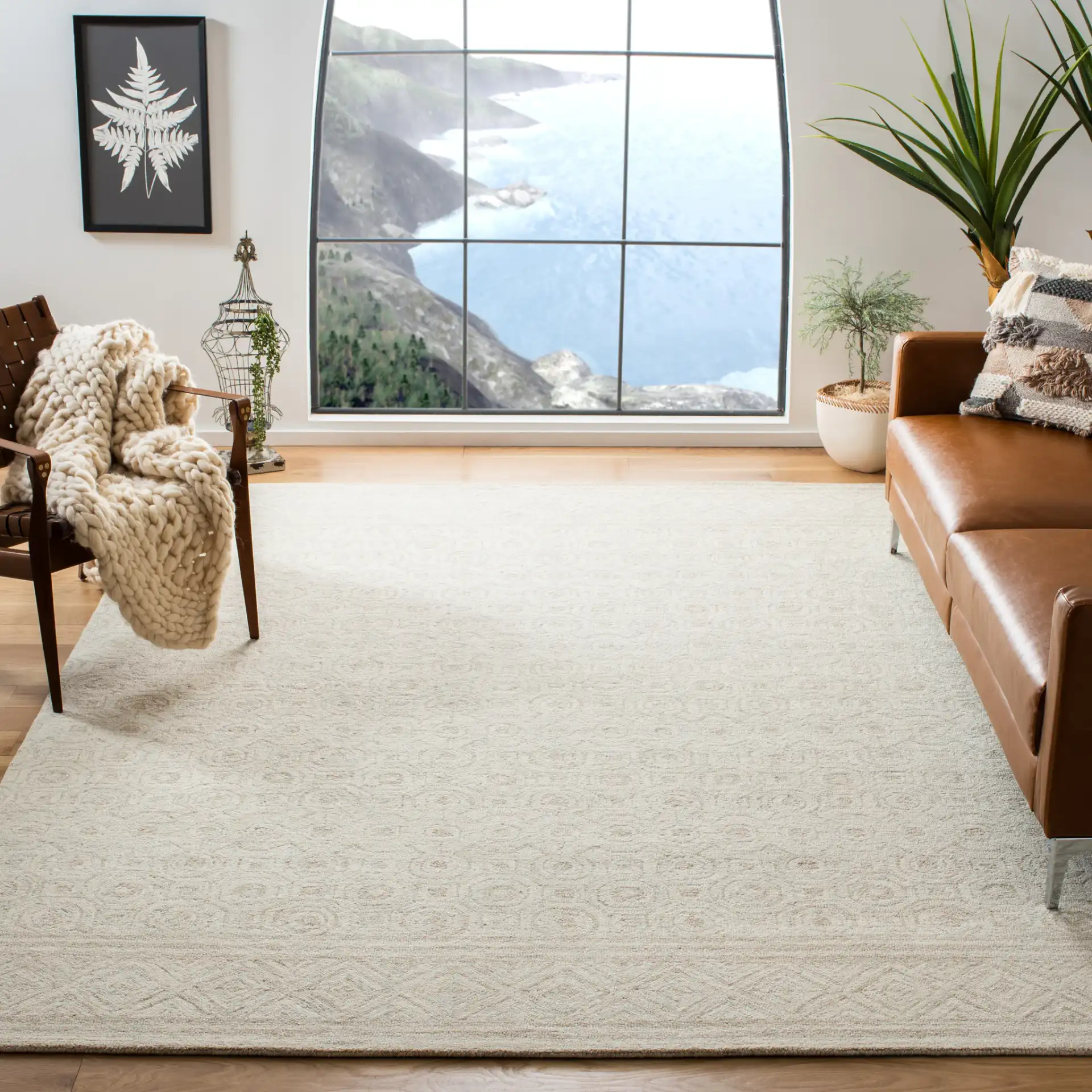 Micro-Loop Geometric Tile Hand-Tufted Wool Rug in Ivory / Light Green in a styled room