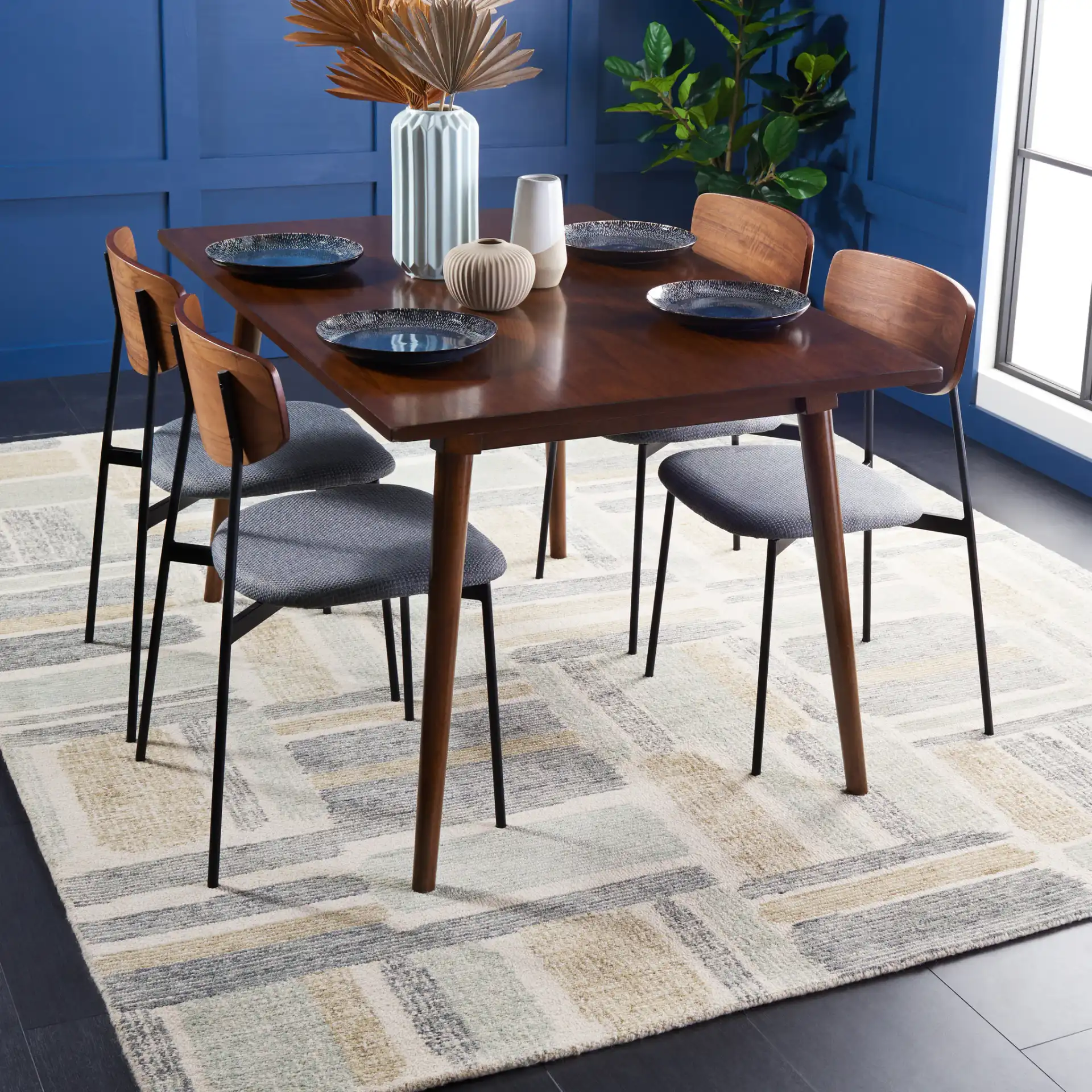 Micro-Loop Abstract Block Hand-Tufted Wool Rug in Ivory / Gray in a styled room