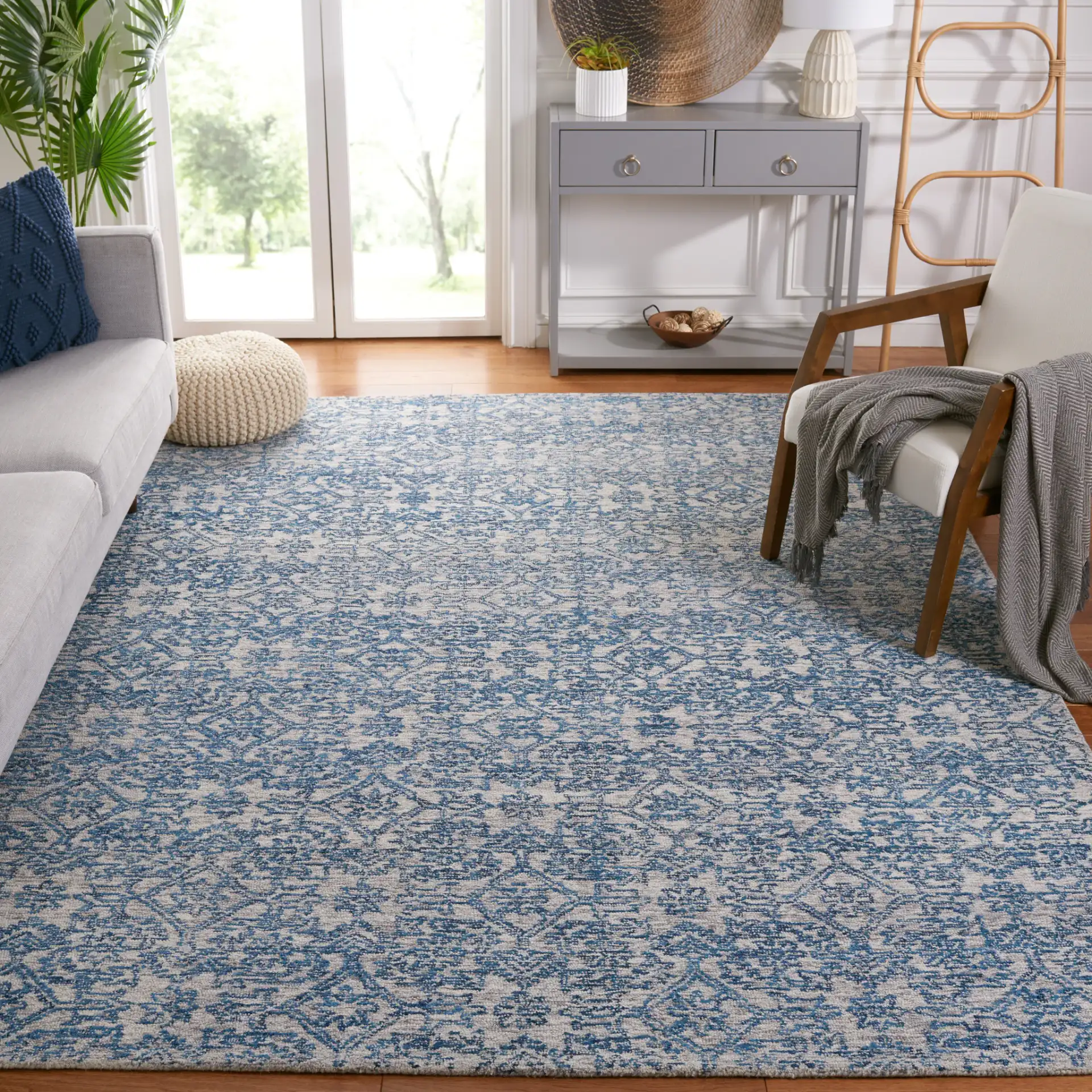 Micro-Loop Distressed Diamond Hand-Tufted Wool Rug in Blue in a styled room