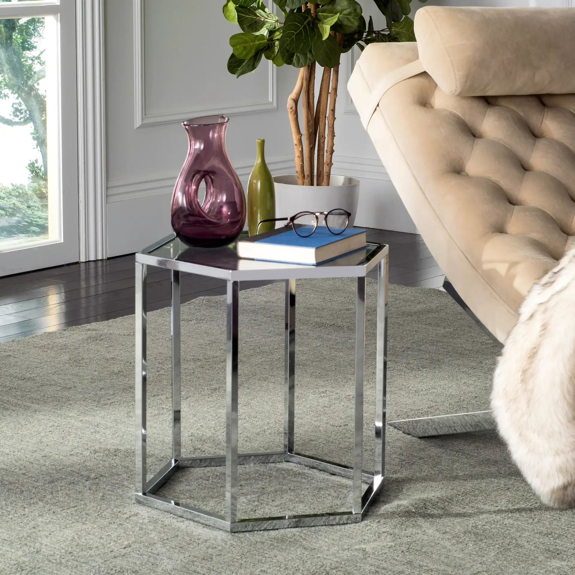 Teagan End Table in Chrome in a styled room