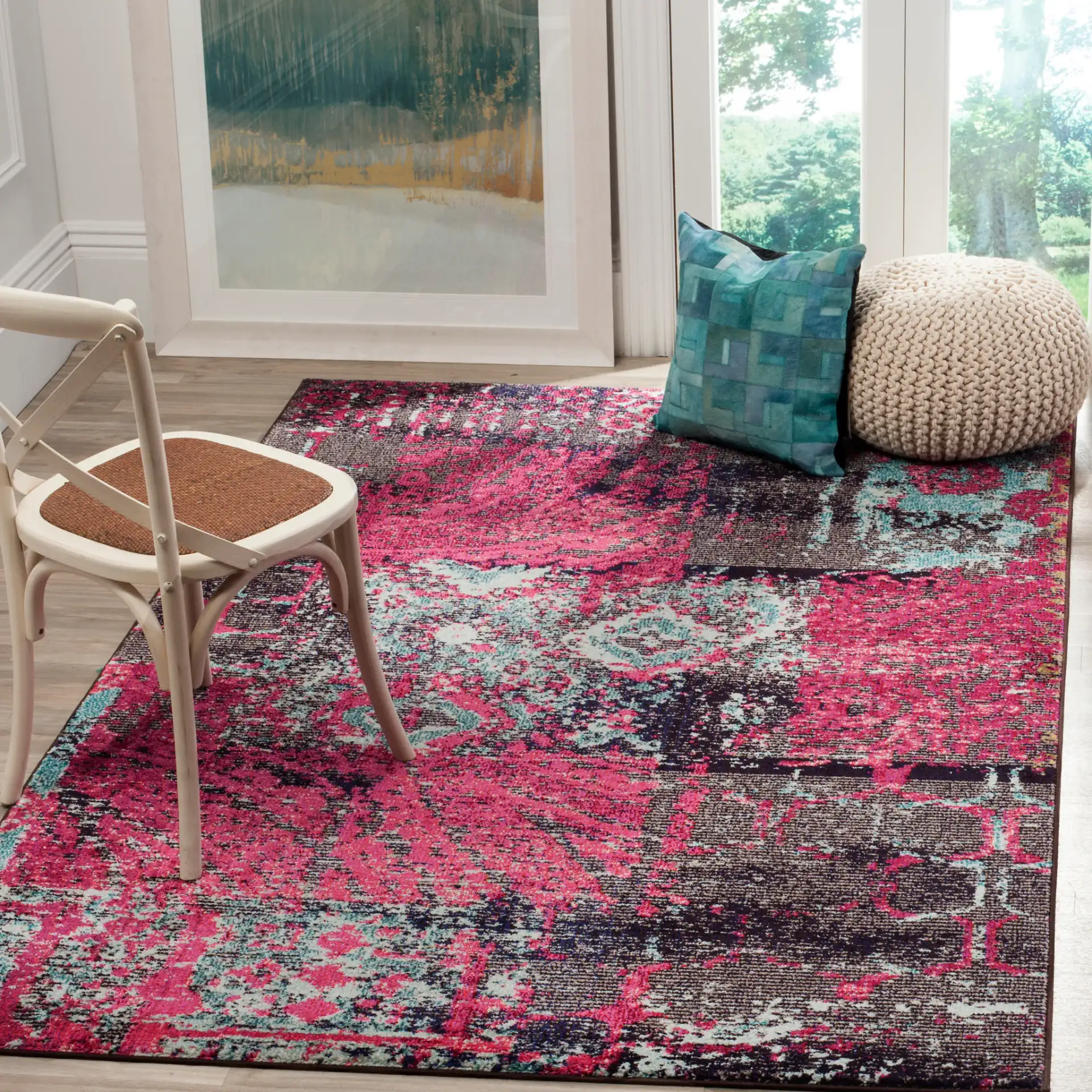 Monaco Overdyed Patchwork Rug in Pink / Multicolor in a styled room