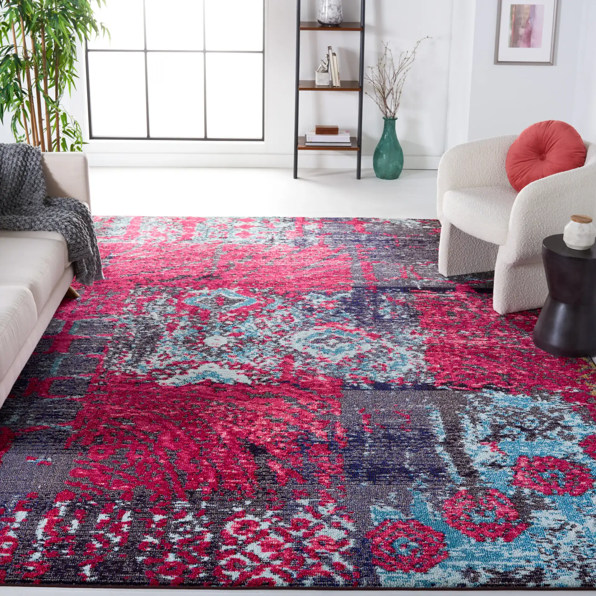 Monaco Overdyed Patchwork Rug in Pink / Multicolor in a styled room