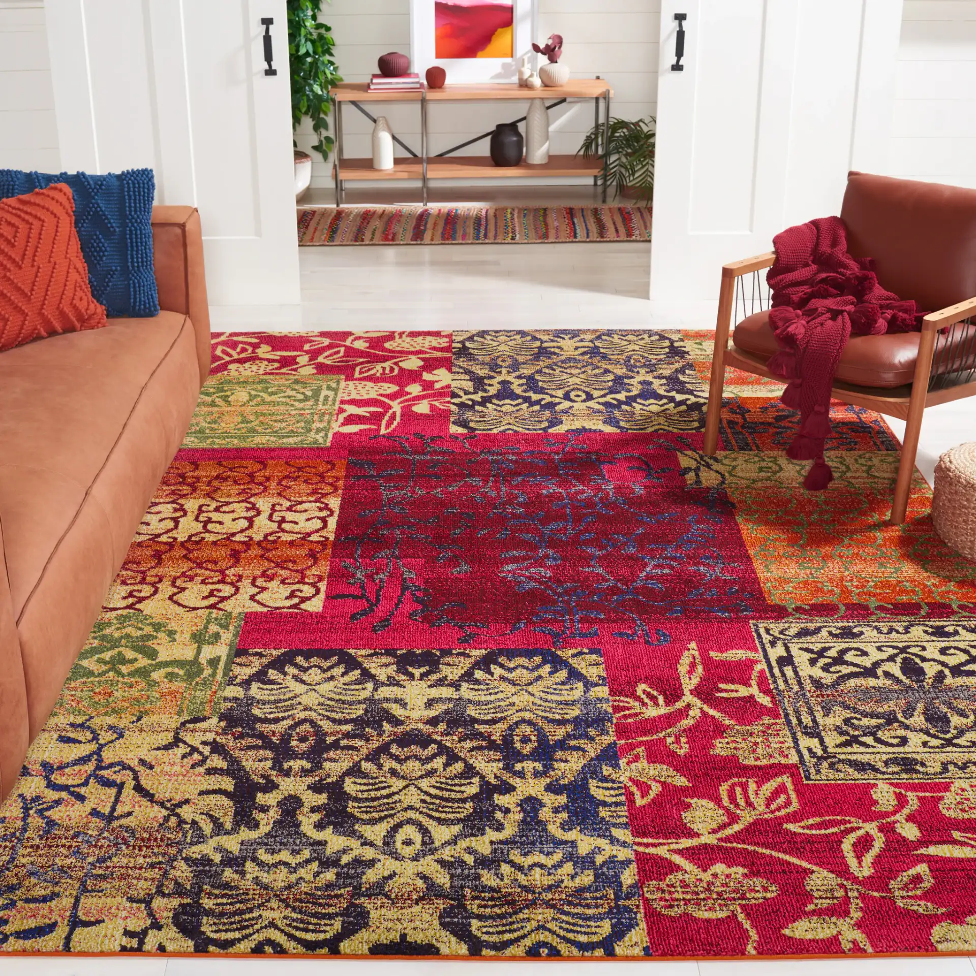 Monaco Patchwork Floral Rug in Multicolor in a styled room