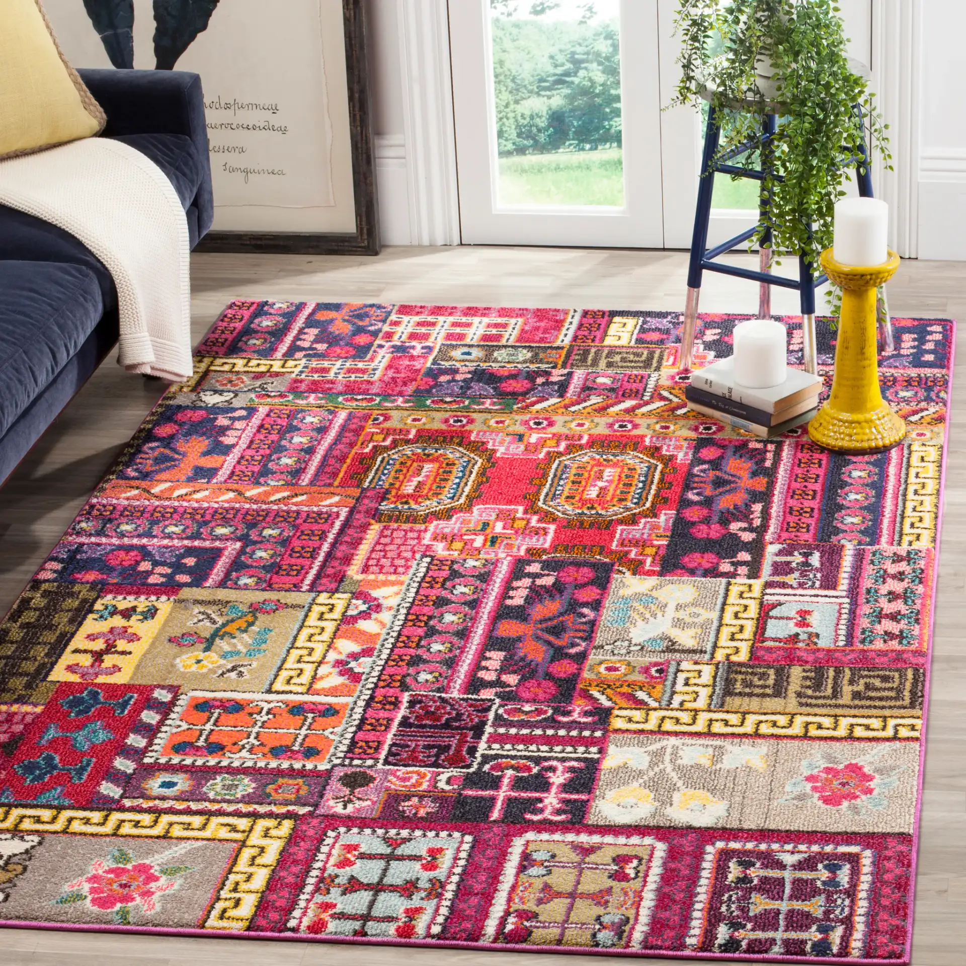 Monaco Patchwork Panel Rug in Pink / Multicolor in a styled room