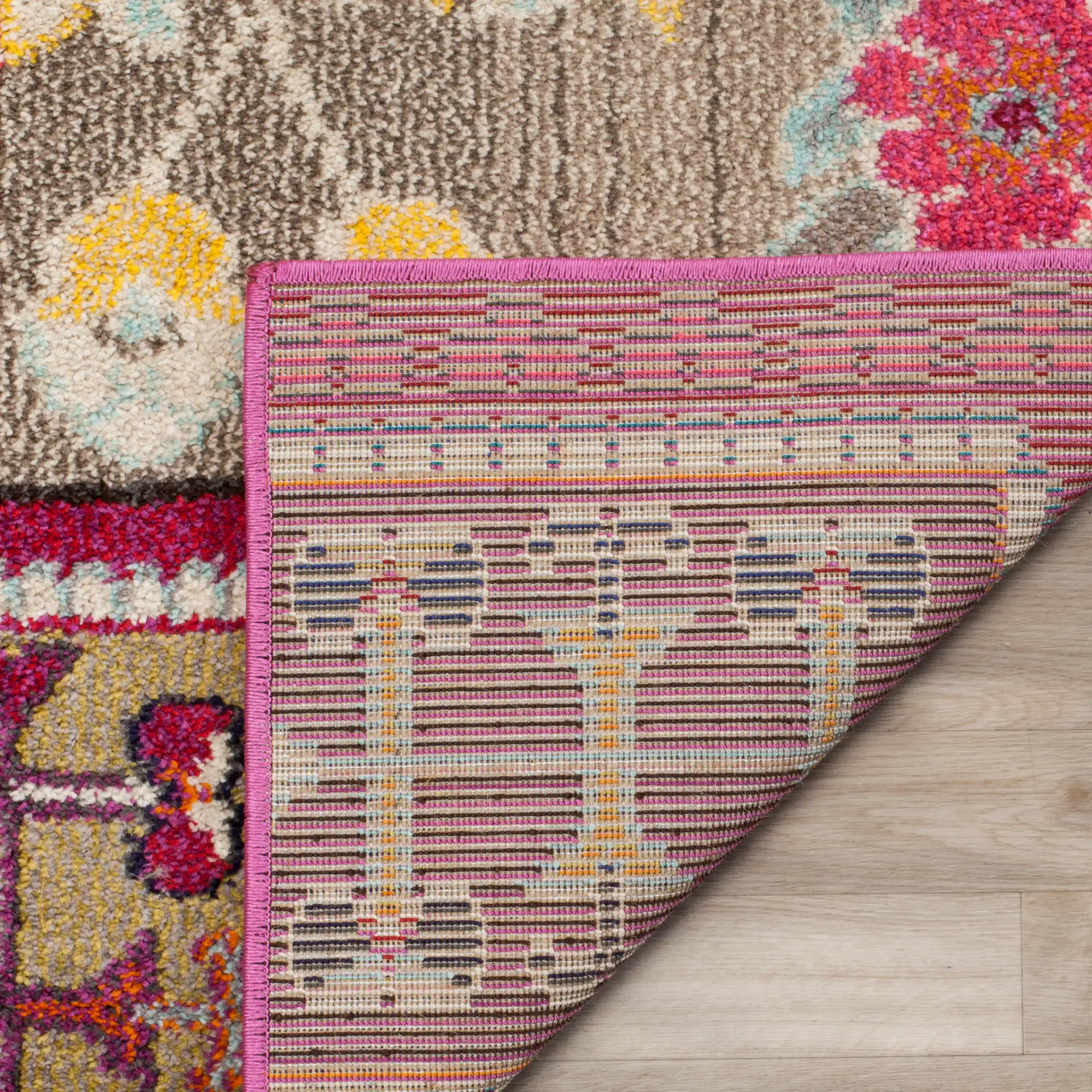 Monaco Patchwork Panel Rug in Pink / Multicolor in a styled room