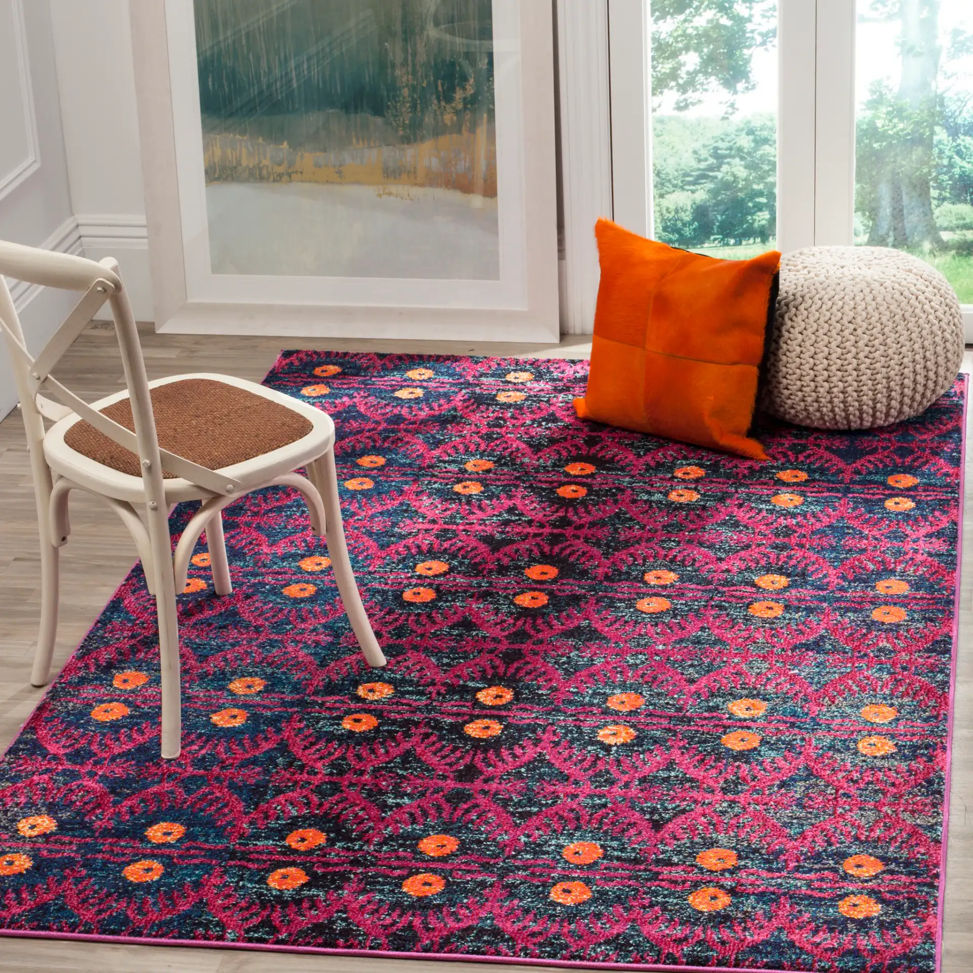 Monaco Tribal Diamond Rug in Pink / Multicolor in a styled room