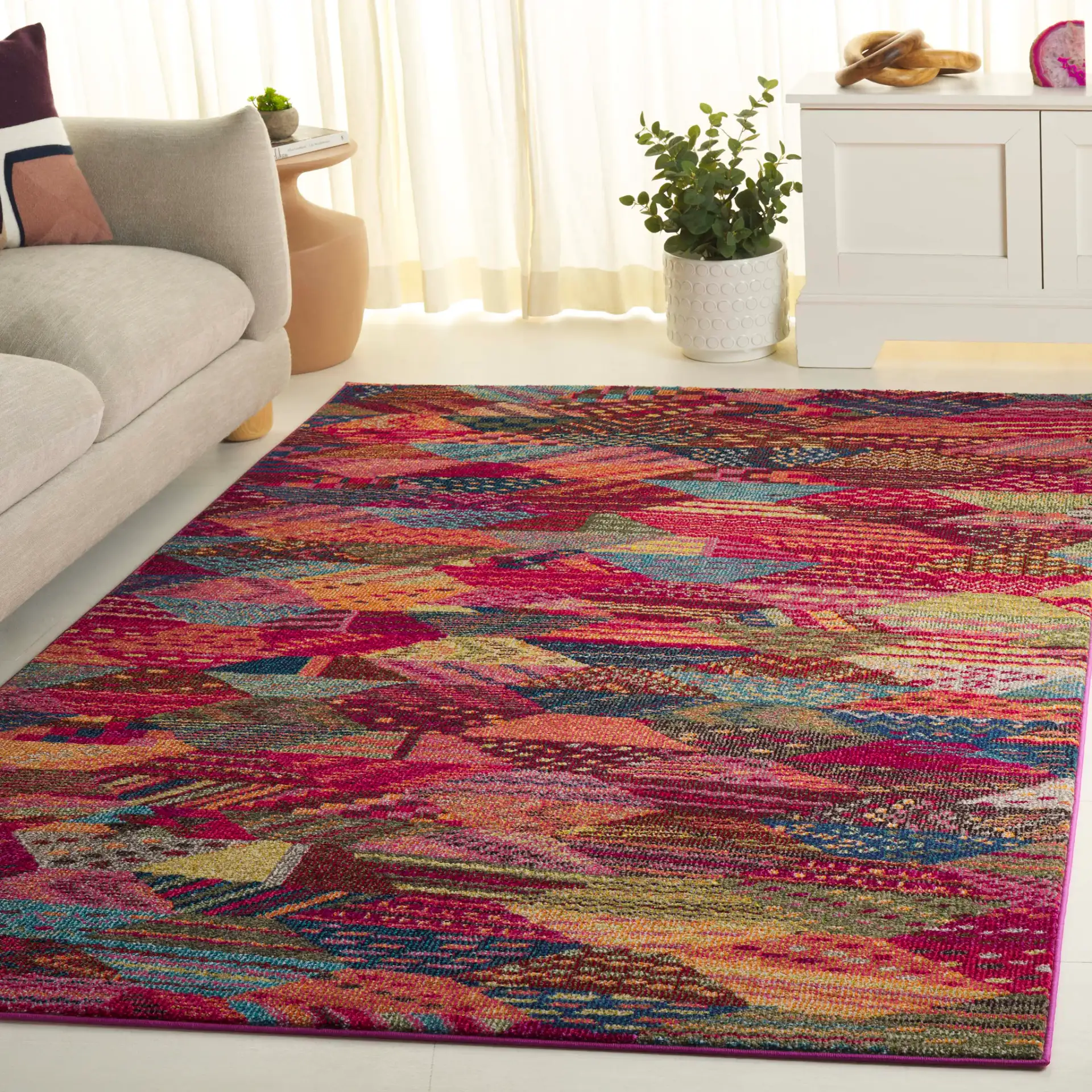 Monaco Patchwork Diamond Rug in Multicolor in a styled room