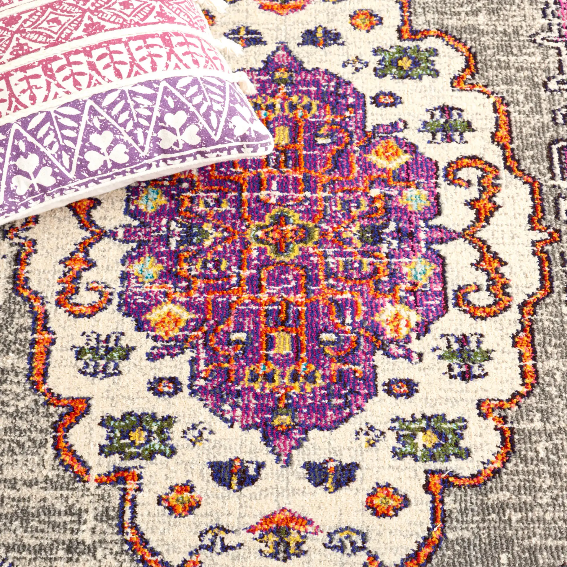 Monaco Medallion Bordered Rug in Violet / Light Blue in a styled room