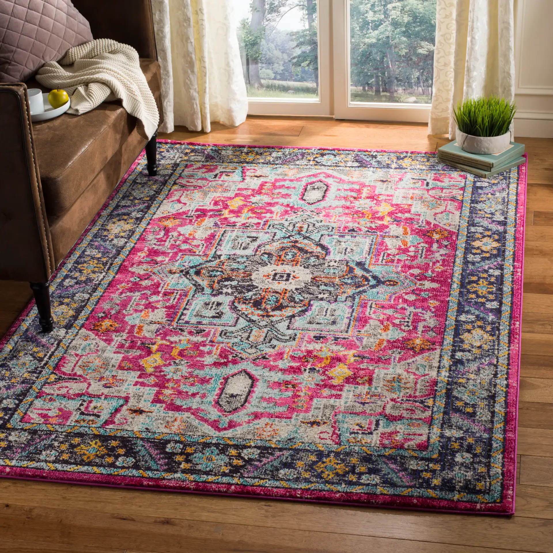 Monaco Square Medallion Bordered Rug in Fuchsia / Gray in a styled room