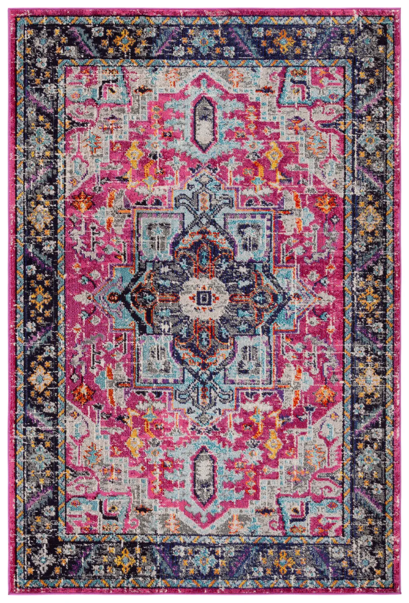 Monaco Square Medallion Bordered Rug in Fuchsia / Gray