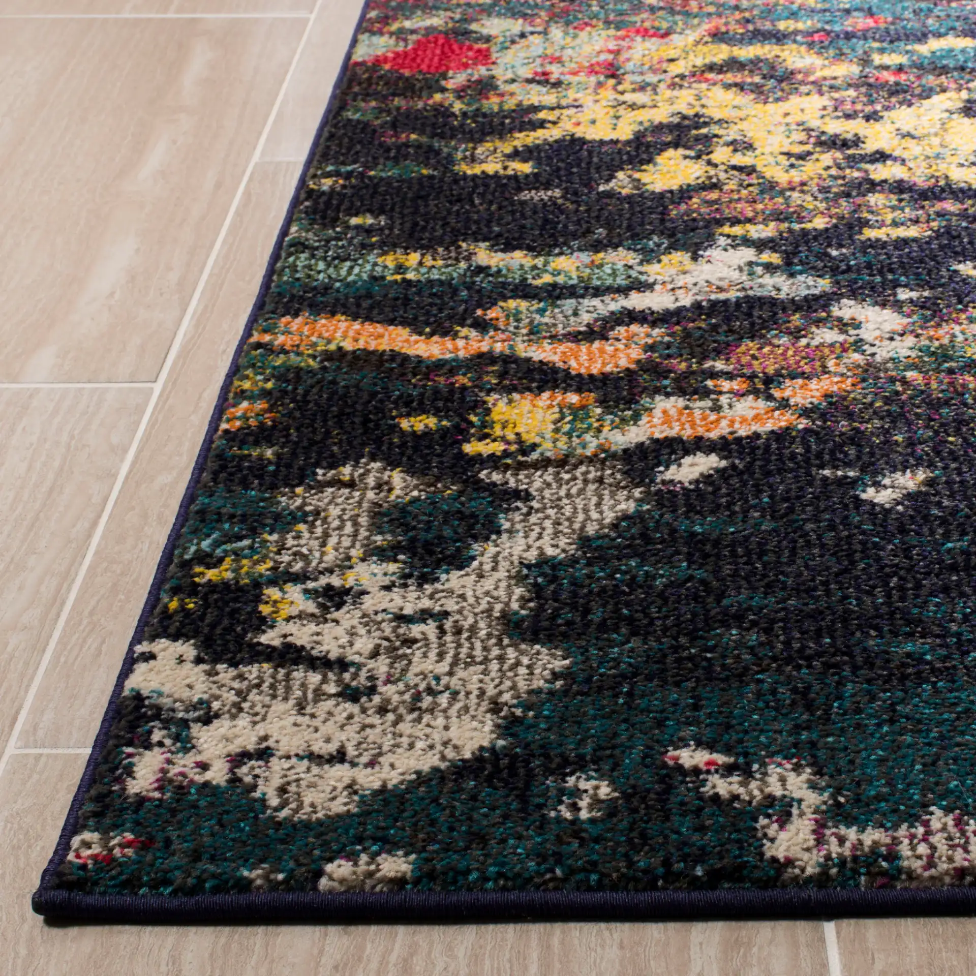 Monaco Abstract Mottled Rug in Brown / Teal in a styled room