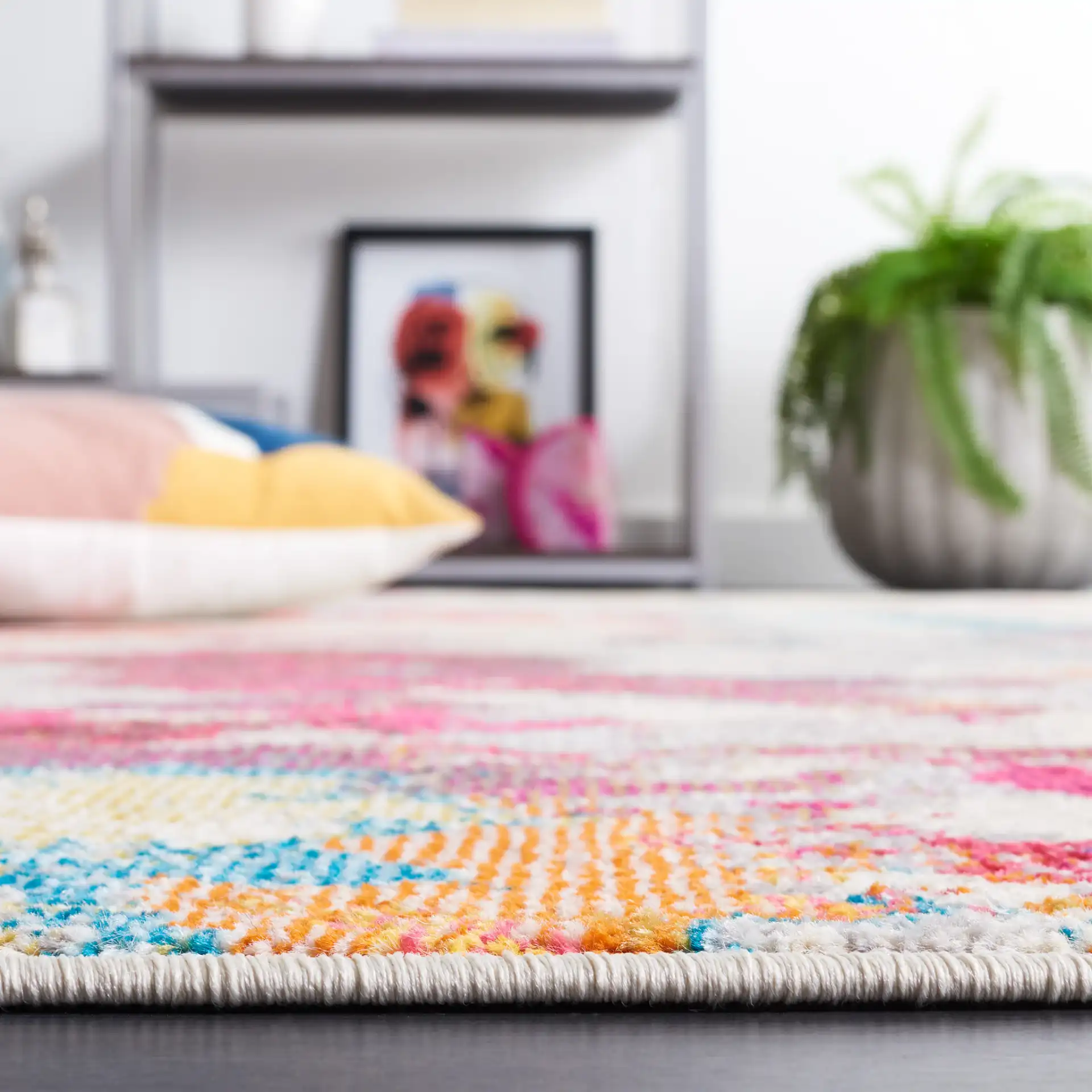 Monaco Painterly Abstract Rug in Gray / Multicolor in a styled room