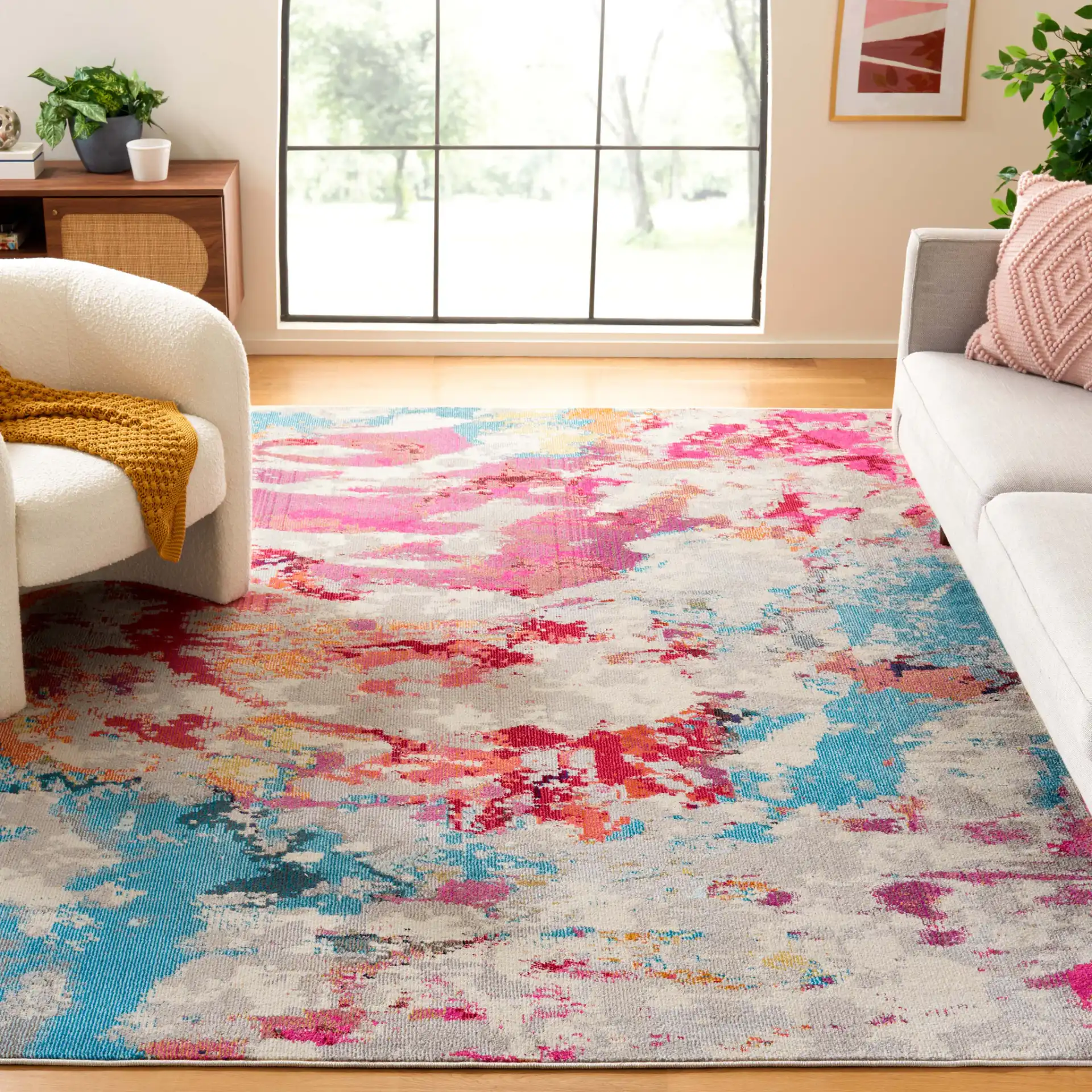 Monaco Painterly Abstract Rug in Gray / Multicolor in a styled room