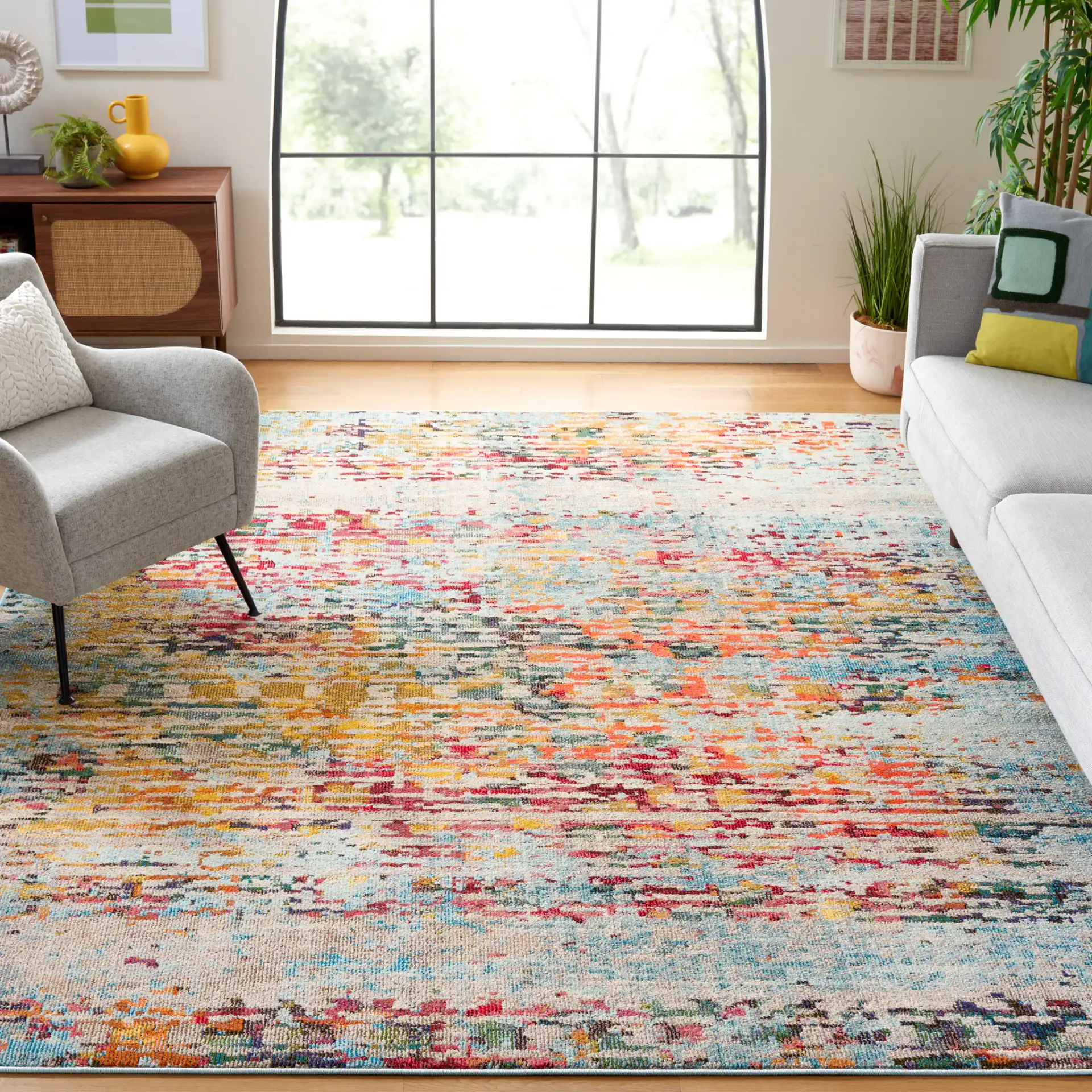 Monaco Abstract Striation Rug in Gray / Multicolor in a styled room