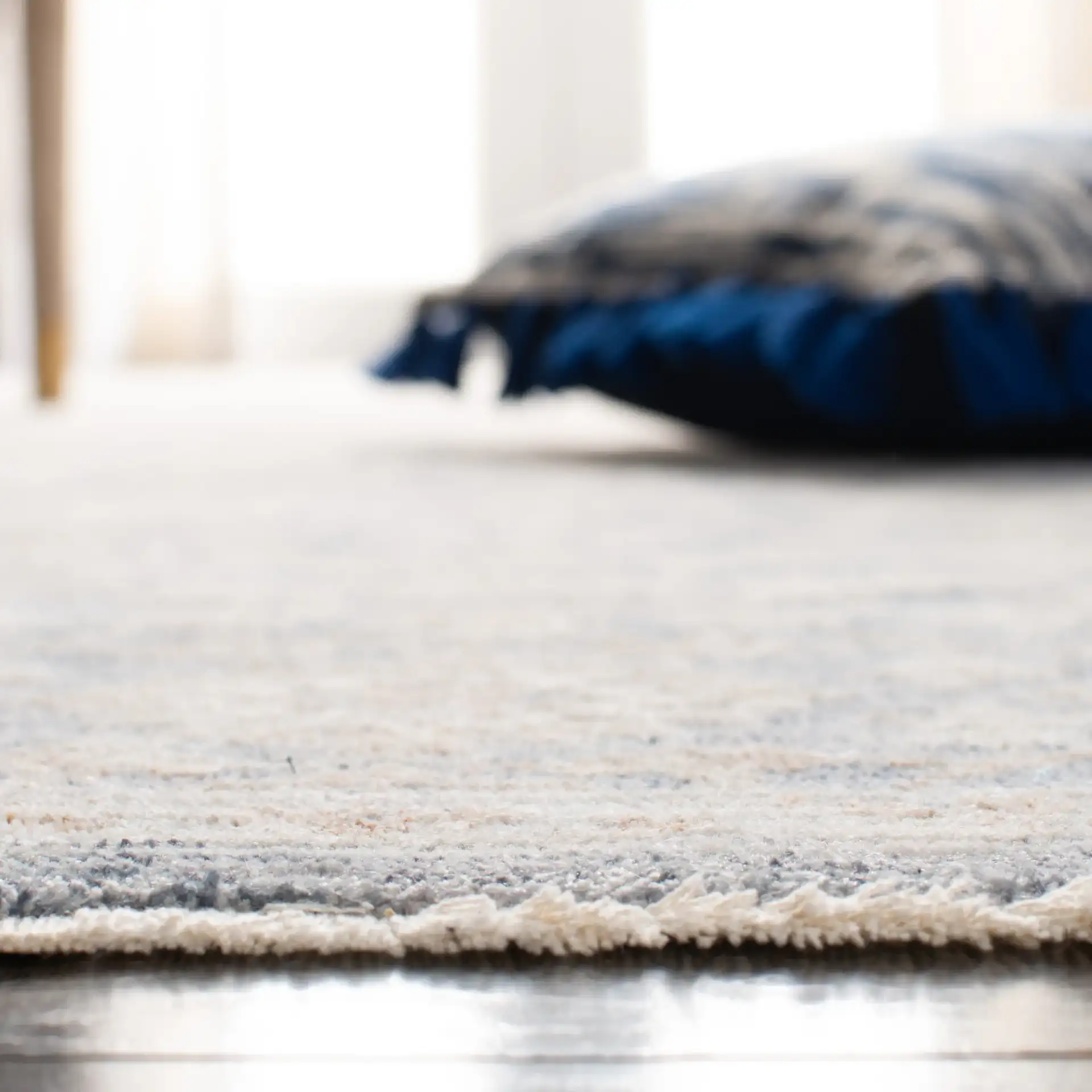 Moondust Distressed Rosette Rug in Blue / Ivory in a styled room