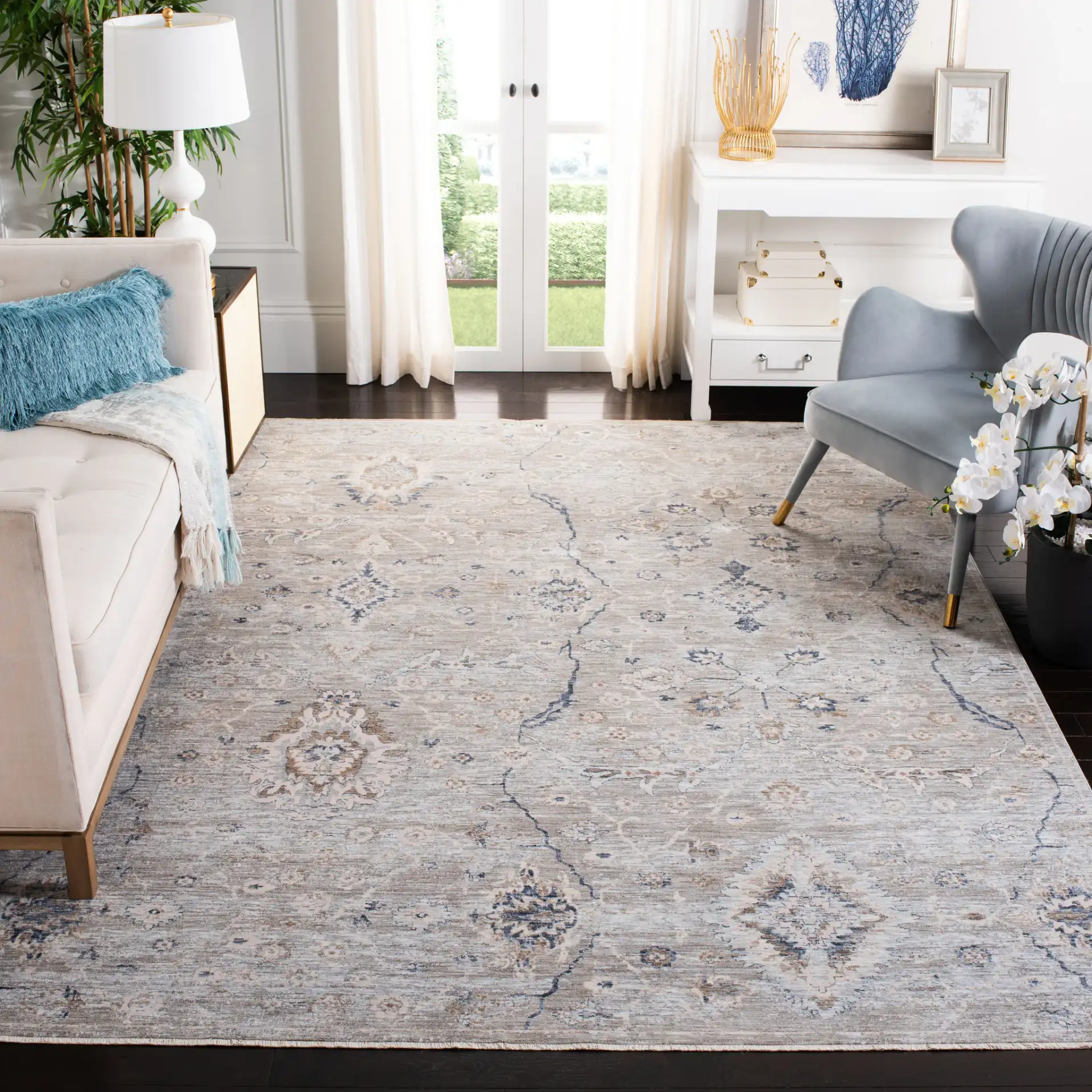 Moondust Distressed Allover Rug in Gray / Ivory in a styled room