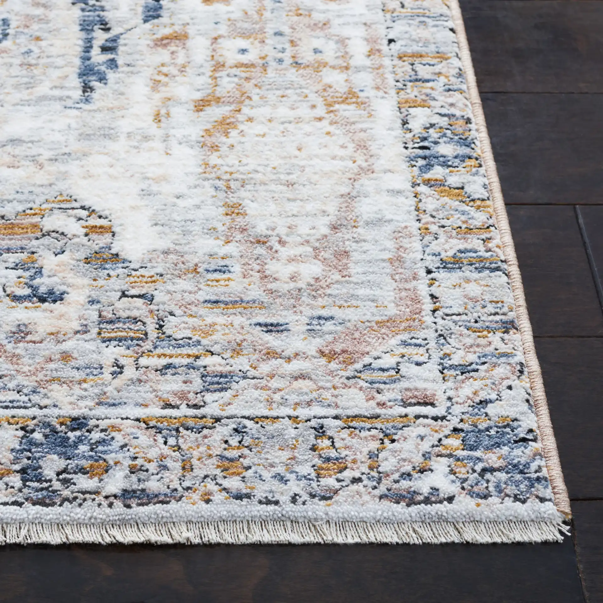Moondust Distressed Damask Rug in Gray / Blue in a styled room
